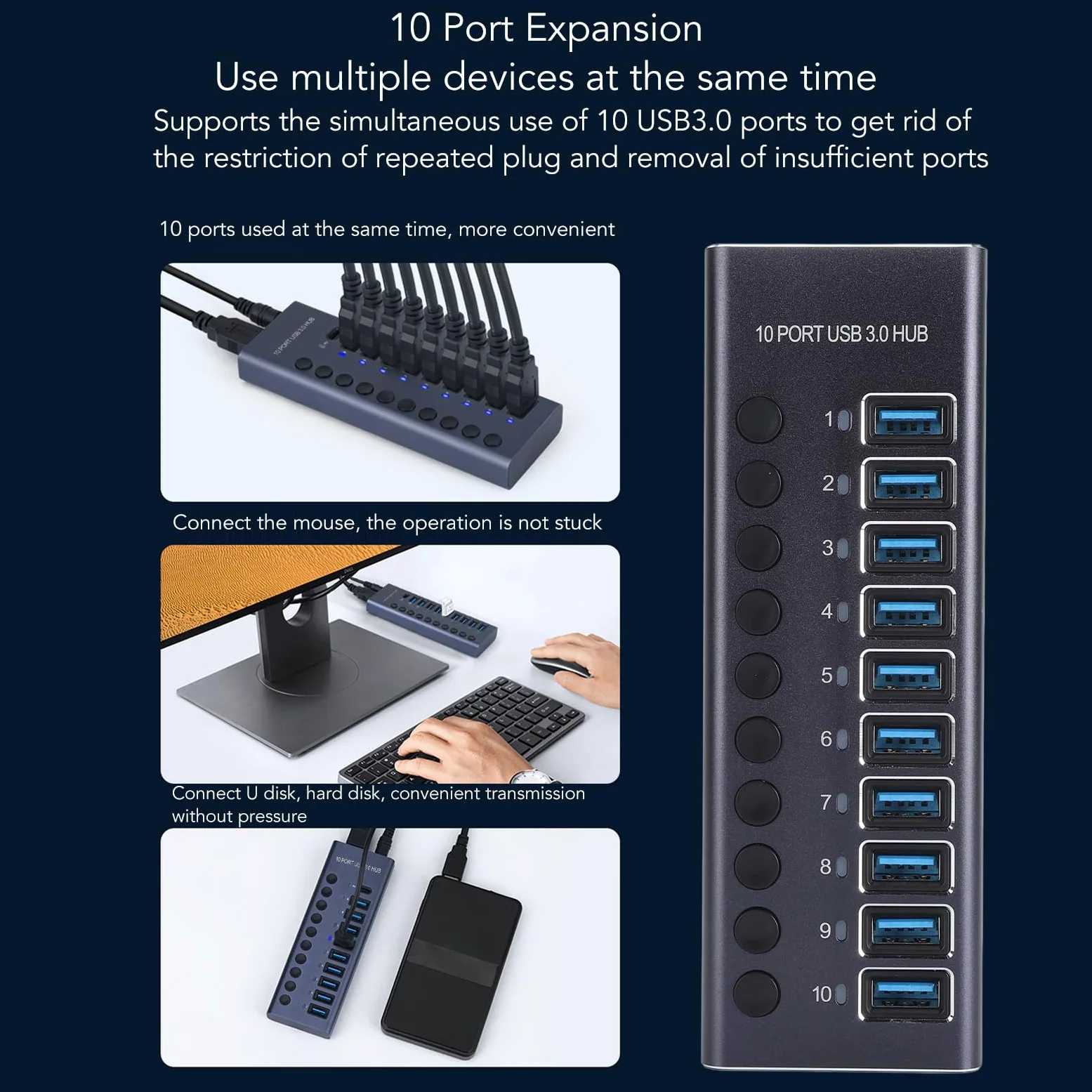 LICAEVEY Hub Dati USB 3.0, Splitter USB a 10 Porte (Spina europea) | Interruttori individuali, alimentatore da 60 W per console di gioco per PC desktop portatile