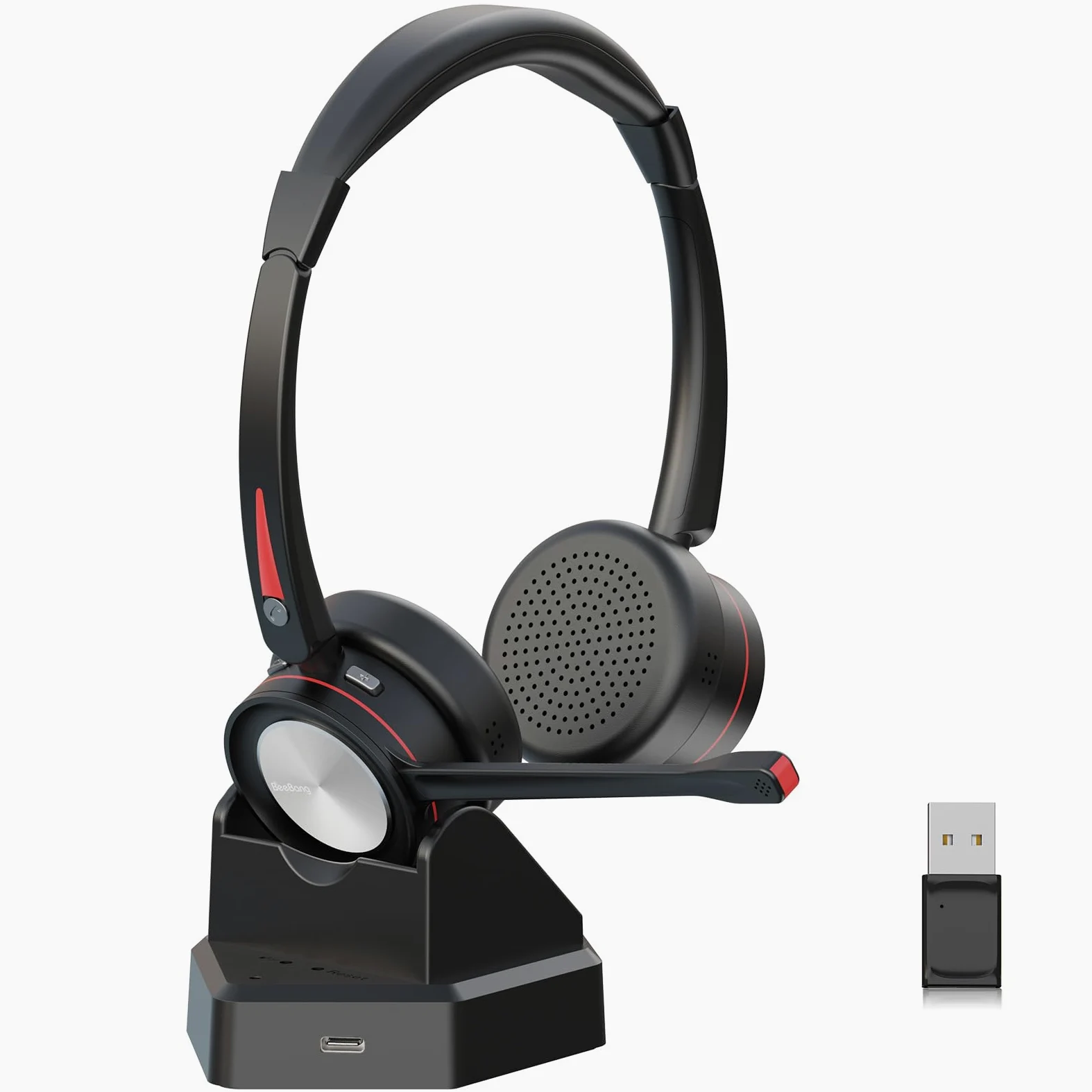 Cuffie Bluetooth con microfono per PC, cuffie wireless con adattatore USB e stazione di ricarica, 40 ore di conversazione, cuffie wireless per ufficio, lavoro, laptop, cellulare, Microsoft