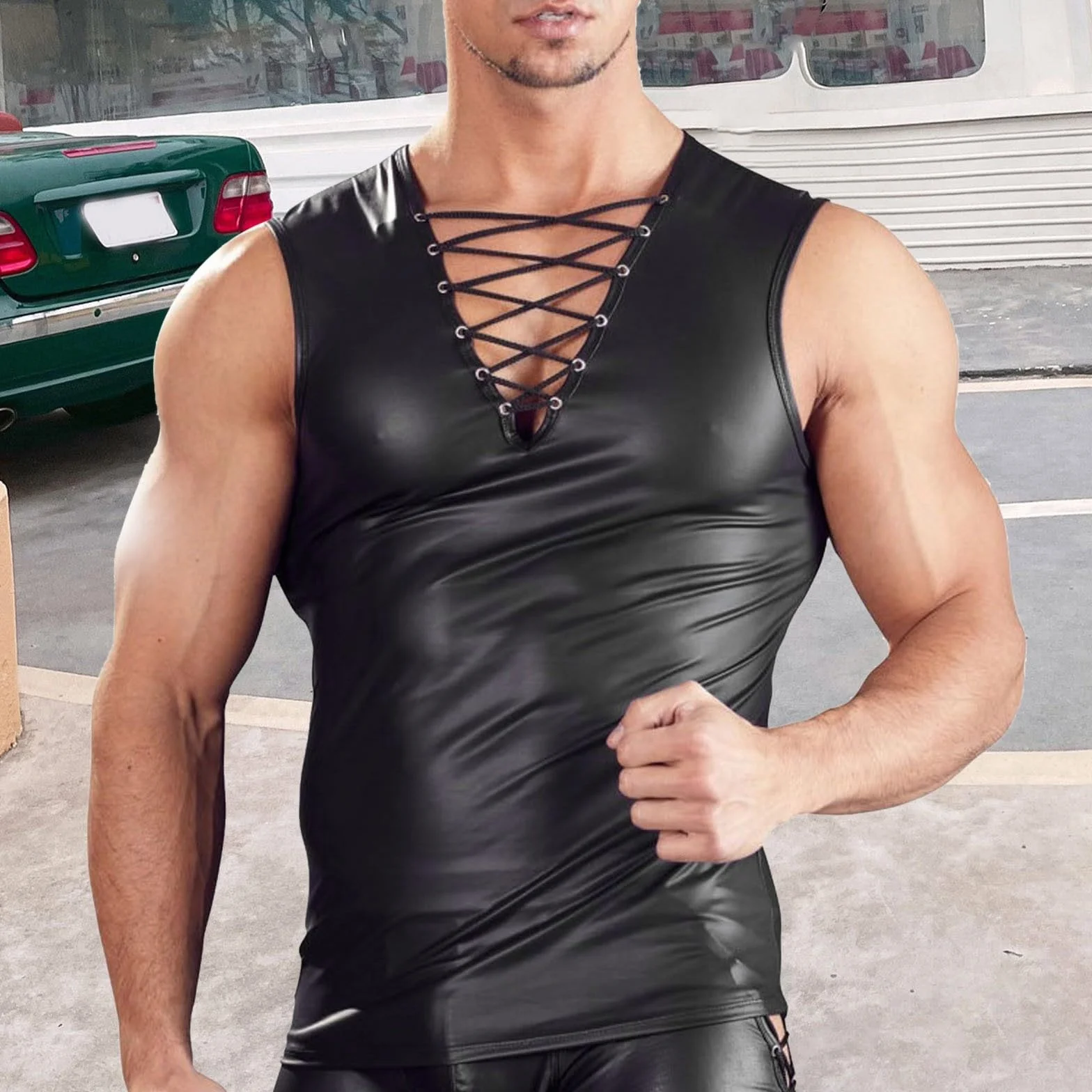 Camicia da uomo in pelle laccata maniche corte lattice stile kinky effetto bagnato clubwear