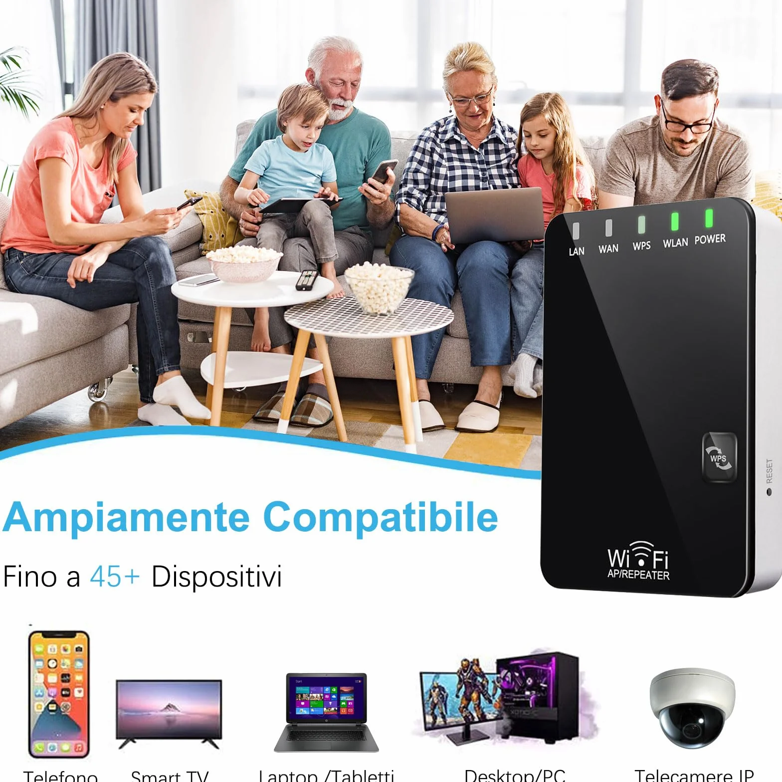 Ripetitore WiFi Wireless 300Mbps, Mini Amplificatore Wi-Fi Compatto, Extender e Access Point, Porte LAN, 2 Antenne, Pulsante WPS, Segnale Casa Compatibile Con Modem Fibra e Adsl