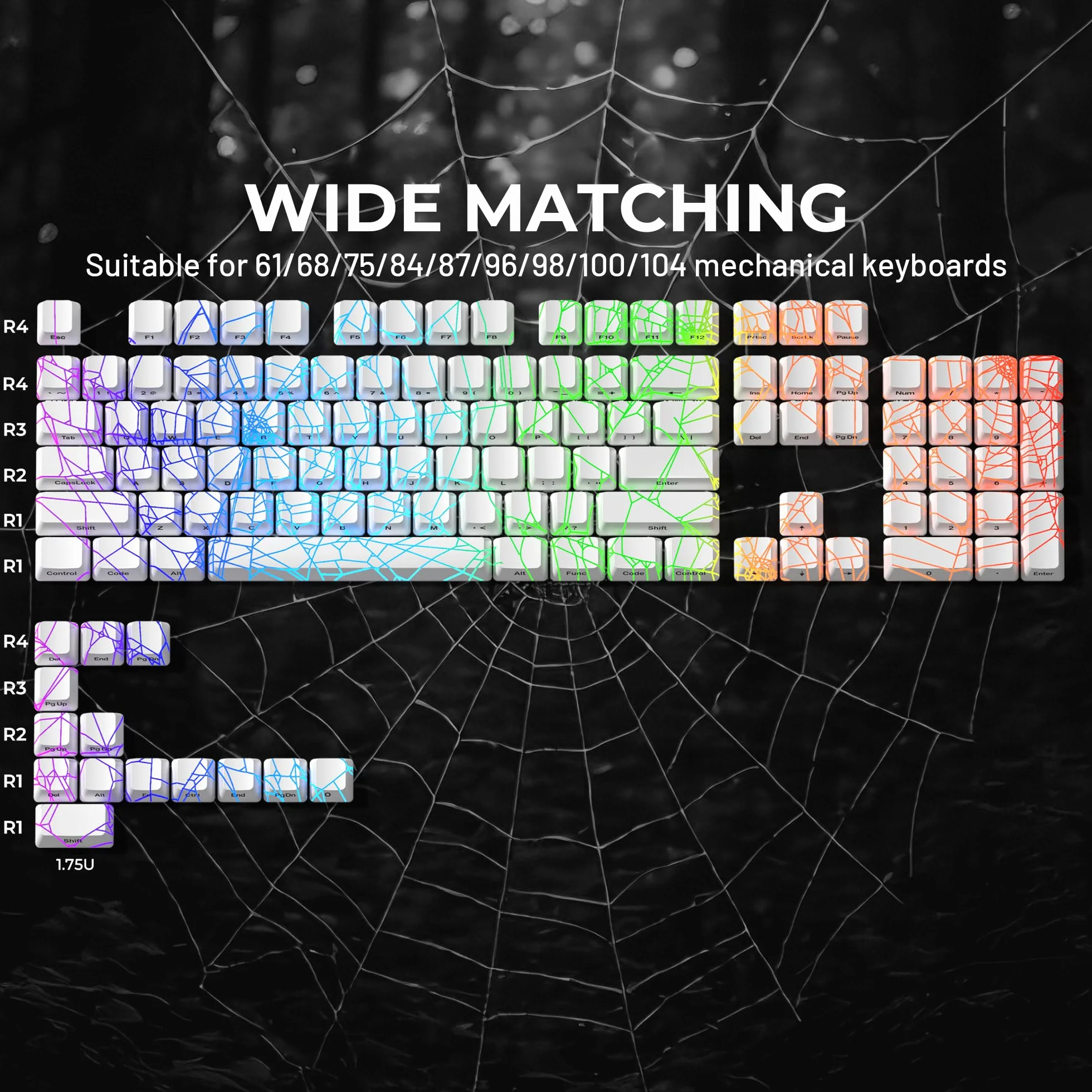 x XVX Shine Through Keycaps w/IMD Tech, Custom Spider Web Keycaps 60 75 100 percento, Set di tasti bianchi retroilluminati, keycap profilo OEM, keycap tastiera stampata laterale per tastiere (solo