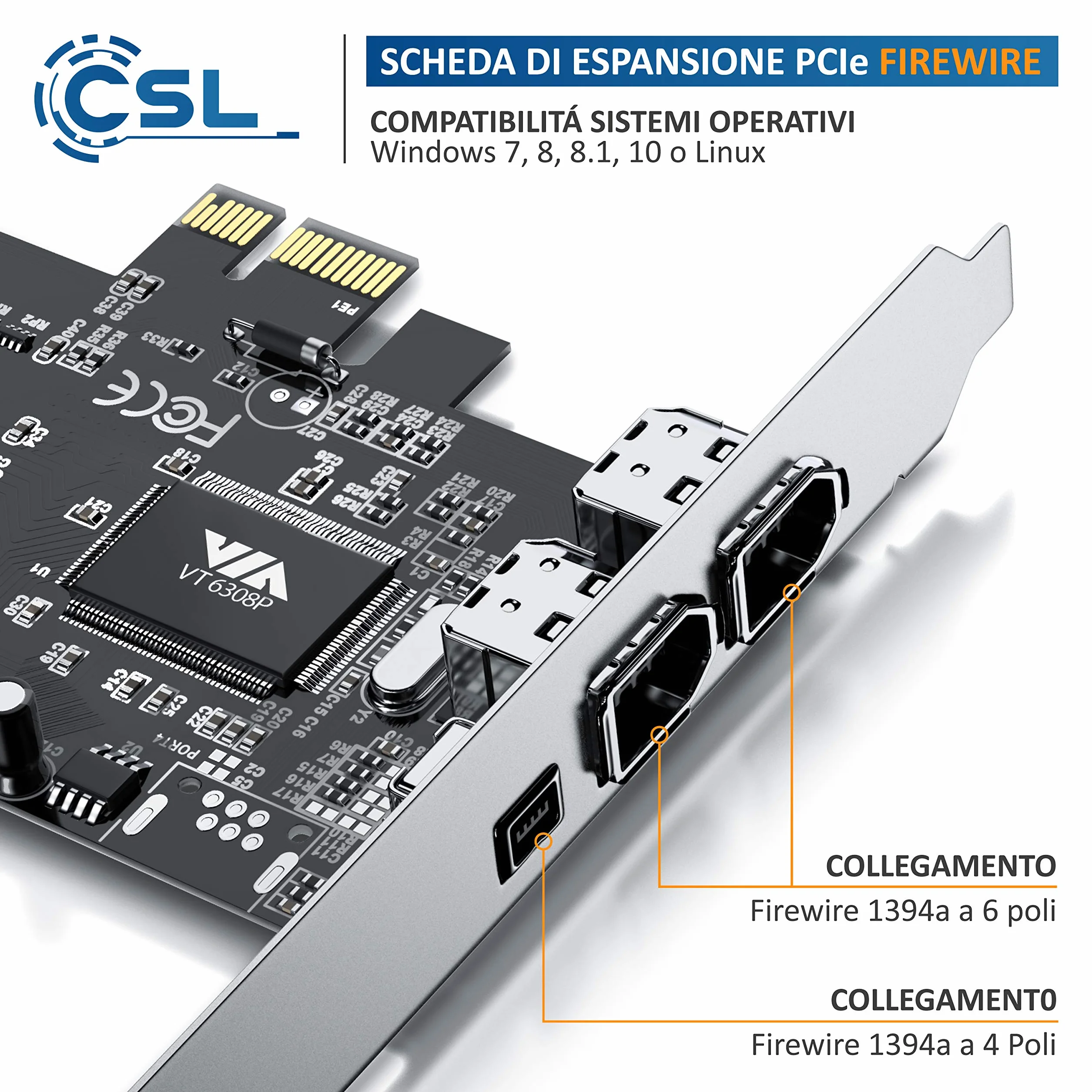 CSL - Scheda di espansione PCIe Firewire Card - PCI-E - 3 connettori - PCIe 1394a 1394a 1394b - Scheda Controller - 2 x 6 Pin e 1 x 4 Pin per PC Desktop