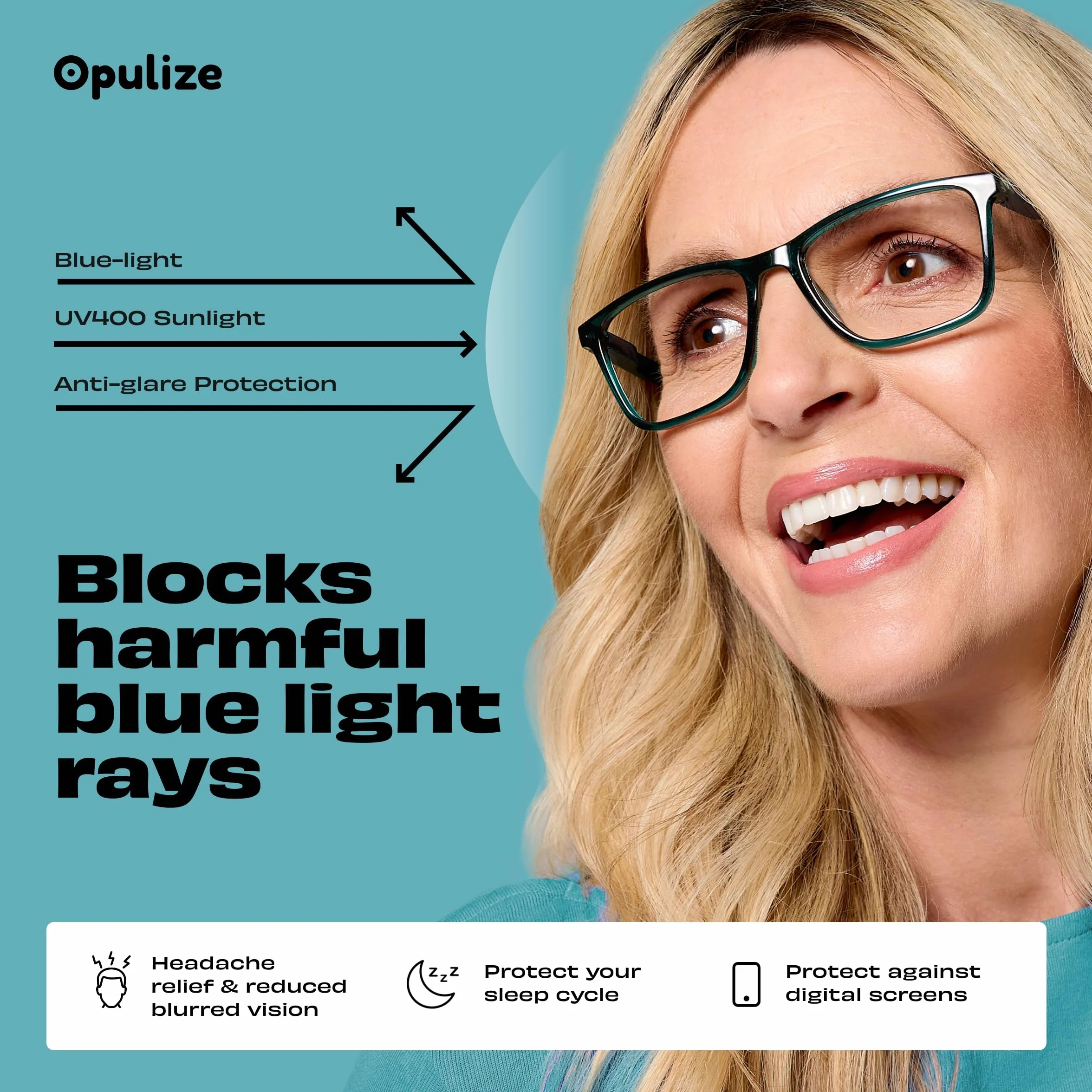 OPULIZE NYX Occhiali luce blu donna uomo Antibagliore Protezione UV Rettangolare Nero
