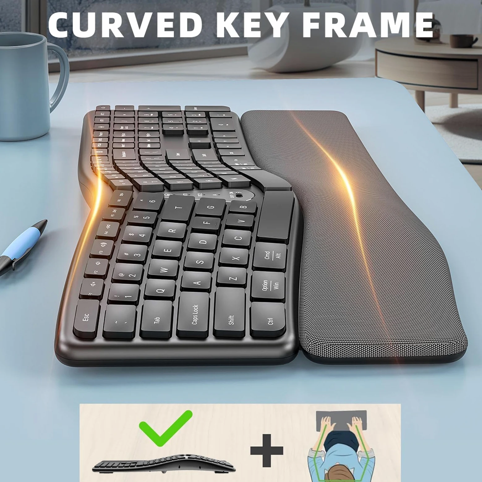 Jectse Tastiera Ergonomica Wireless, Tastiera Divisa Bluetooth con Riposo da Polso, Chiavi di Progettazione delle Onde per la Digitazione, Tastiera per Computer Ricaricabile USB per