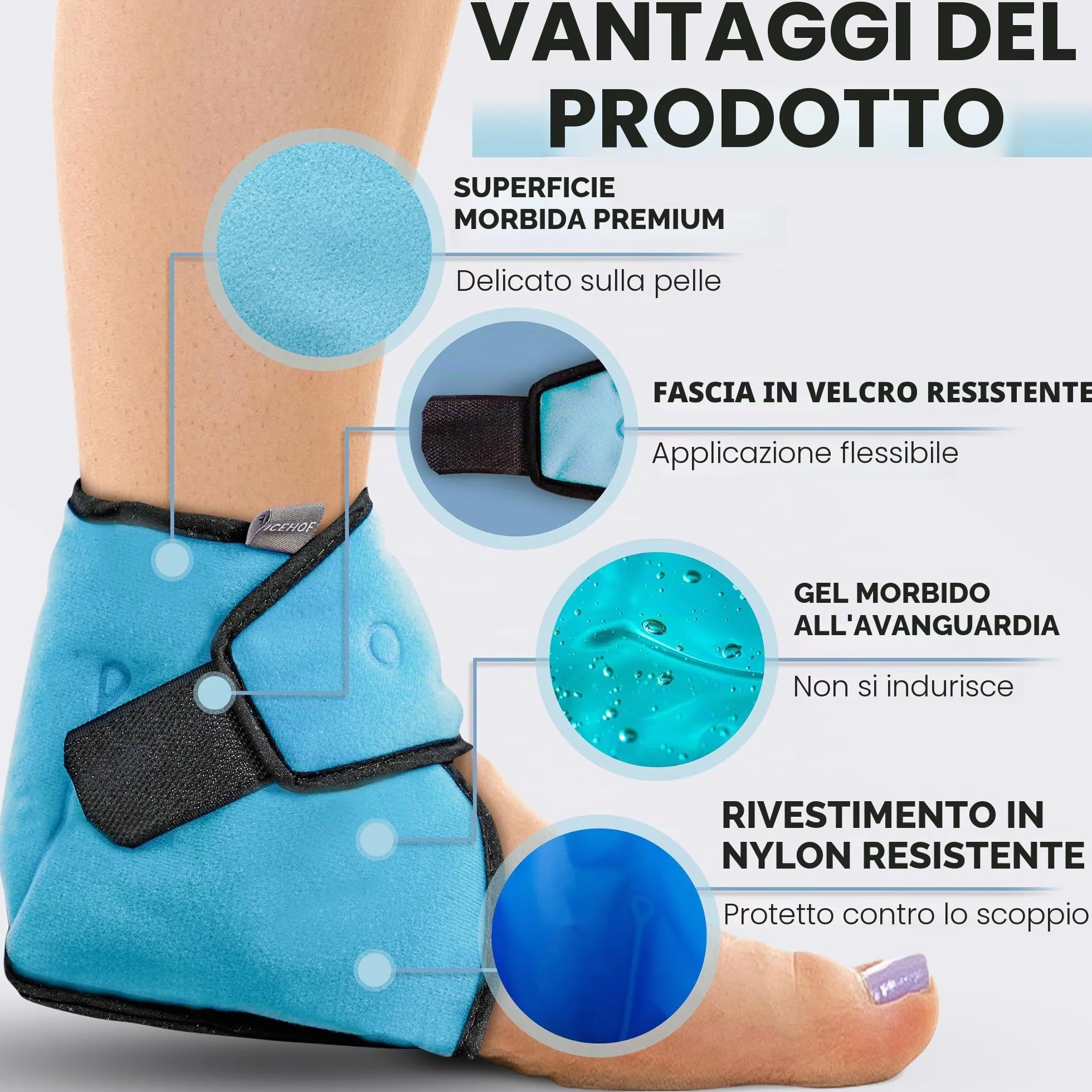 ICEHOF Cuscinetti refrigeranti per caviglia - fascia rinfrescante con gel per tallone e calcagno, dolore e reumatismi (1 pezzo)