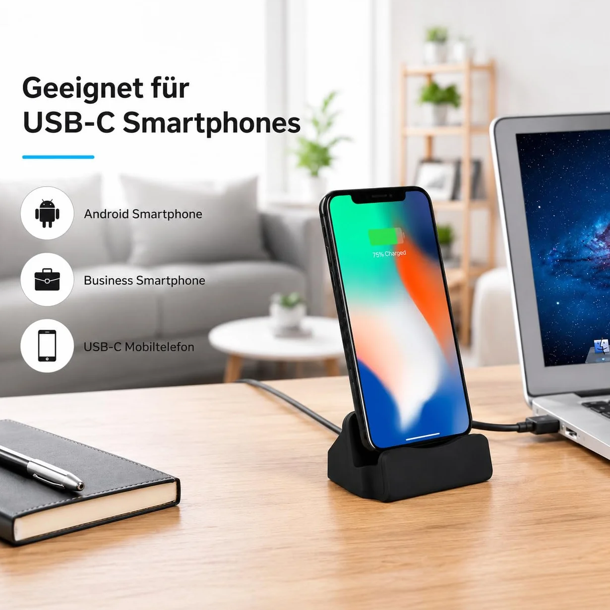 P59CS Bolwins USB Type-C - Docking station con cavo da 1 m - Stazione di ricarica da scrivania - Docking station per smartphone con porta USB-C - Sincronizzazione e ricarica - 5 V - Nero
