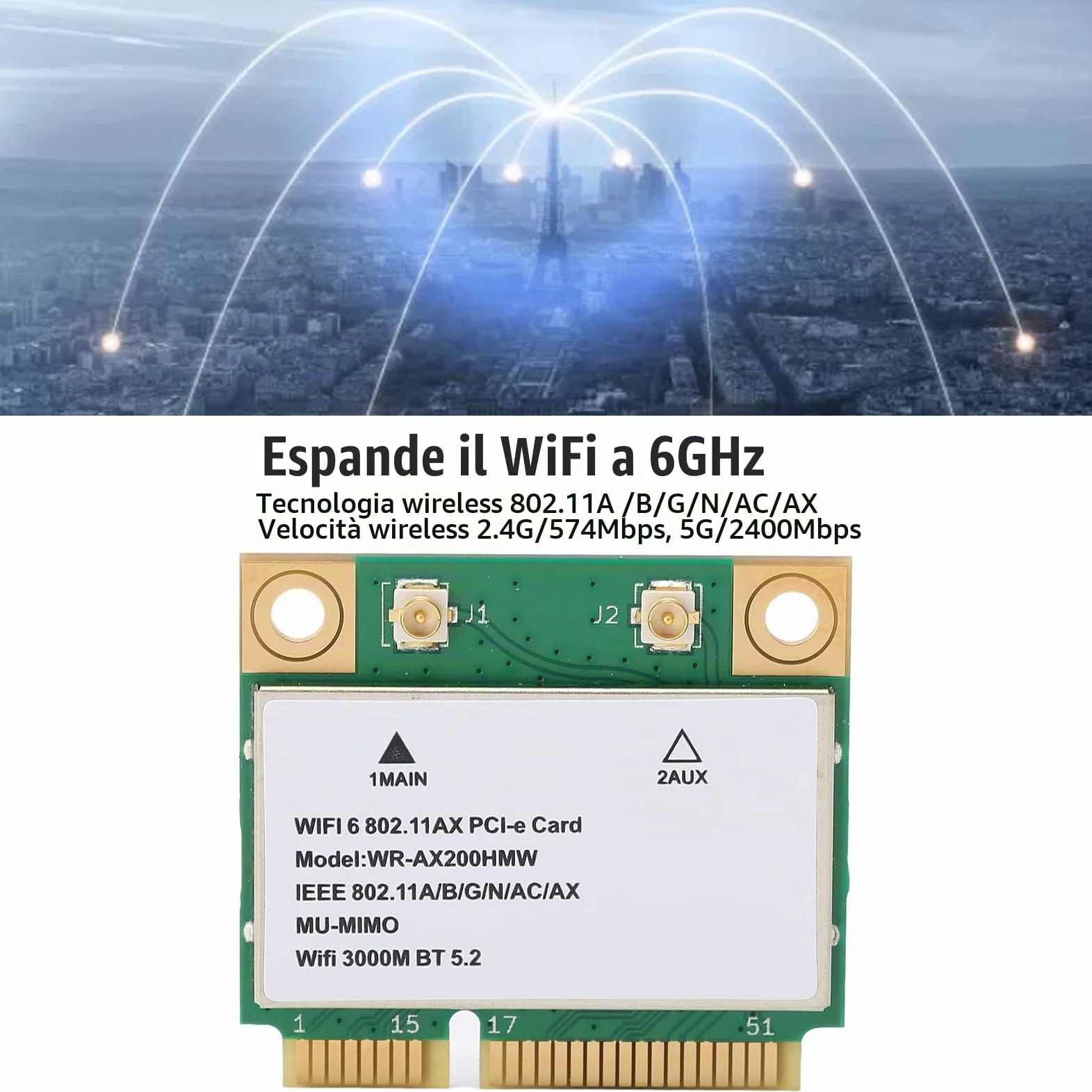 Annadue Scheda WiFi Wireless, Scheda di Rete Wireless Dual Band AX200HMW 2.4G/5G, Scheda Wireless Mini PCI-E 2974M WiFi6 Bluetooth 5.2, 802.11 A/B/G/N/AC/AX per Laptop