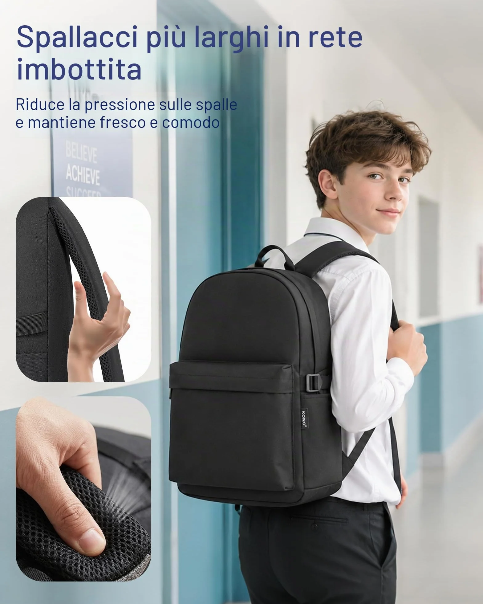 KONO Zaino Scuola, Zaino Uomo Donna Porta PC 15.4 Pollici, Zaino Università Lavoro, Zaino Casual Leggero per Viaggio e Tempo Libero (Nero)