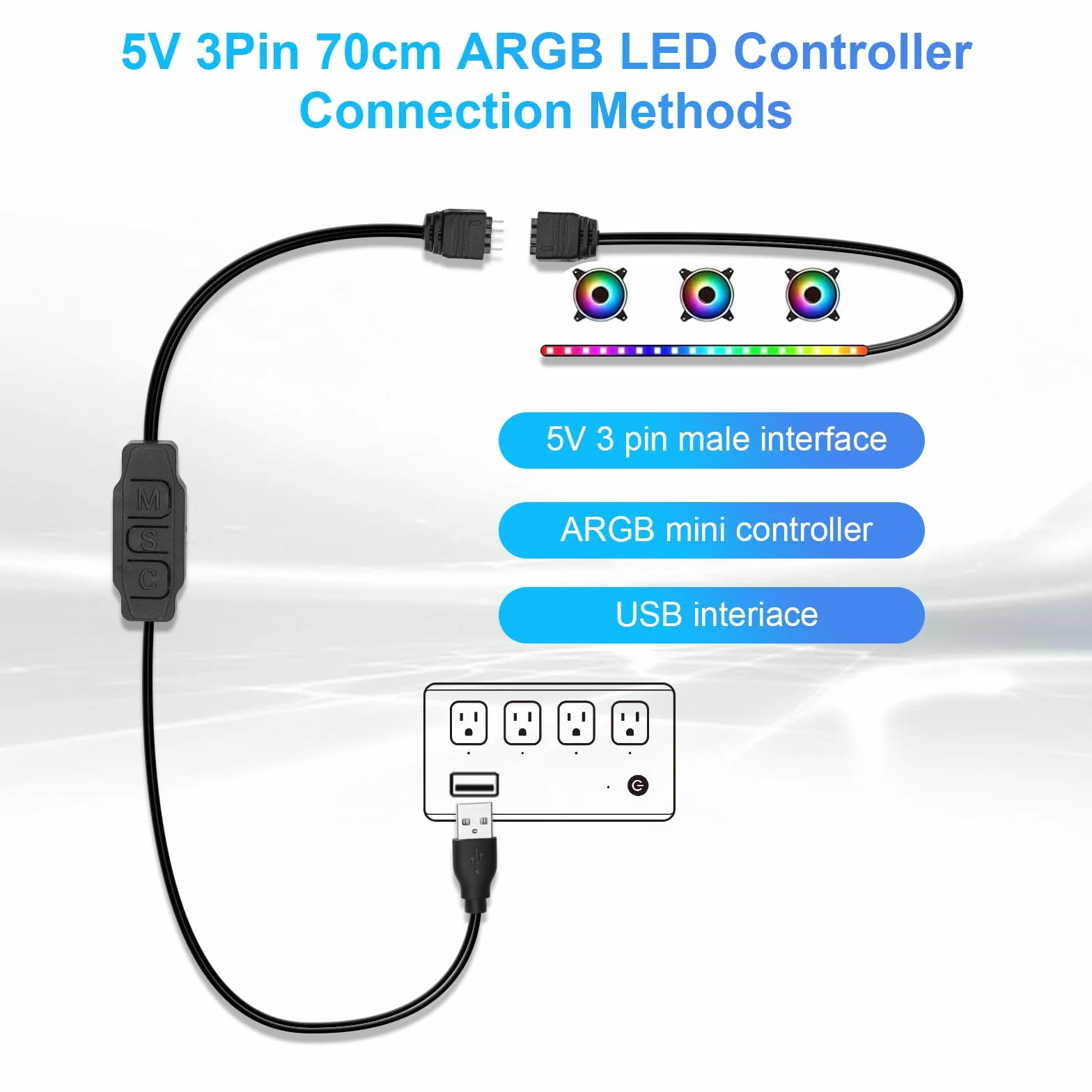 Controller LED ARGB 5V 3 pin 70cm USB mini RGB con pulsanti per PC fan strisce luminose