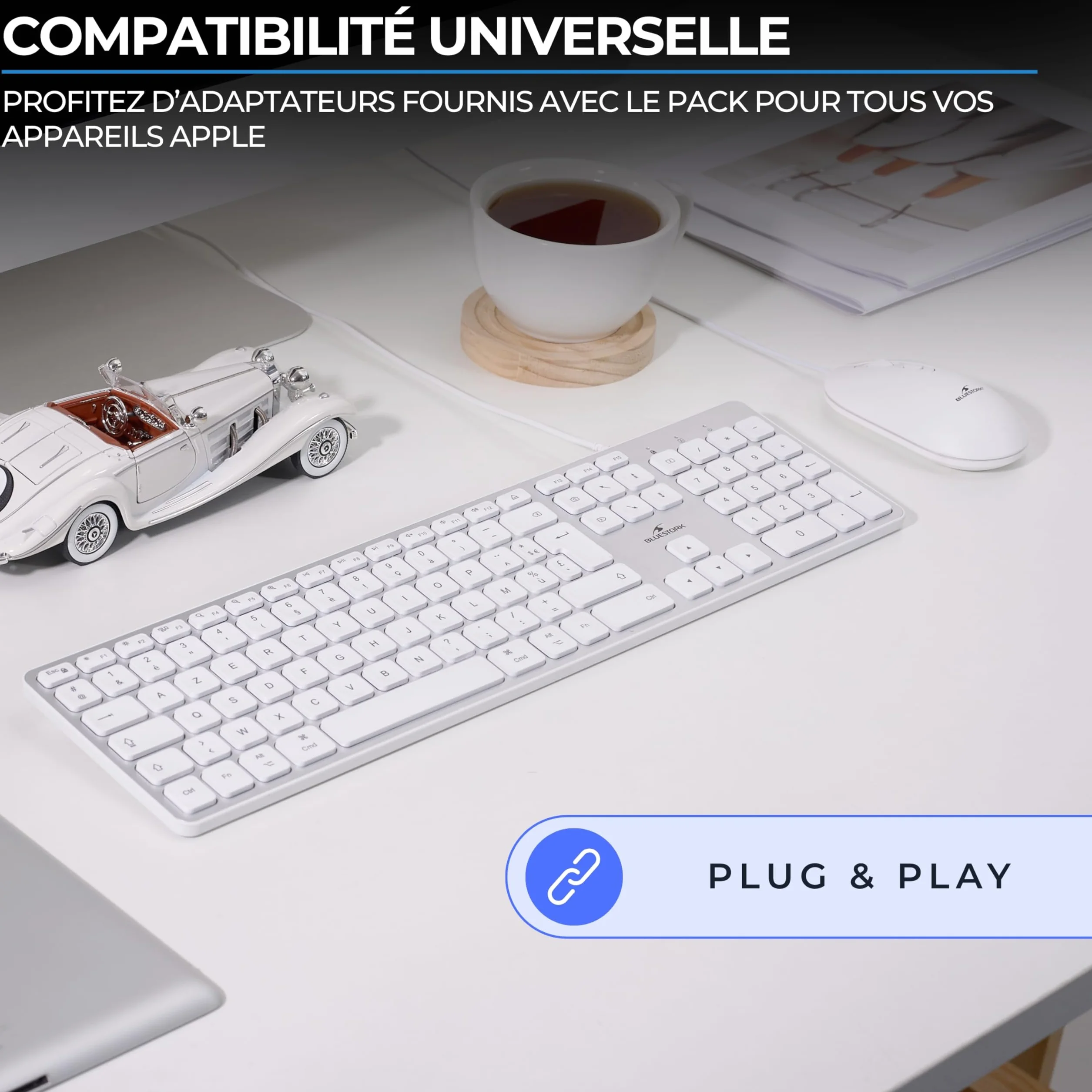 Combo tastiera e mouse cablati - BLUESTORK - KB Mac - Compatibile con Mac - Bianco