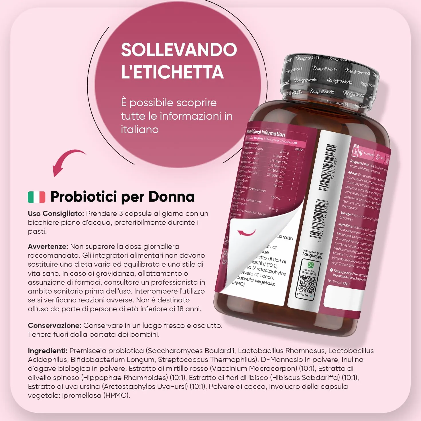 Probiotici Donna 30 Miliardi CFU, Lactobacillus Rhamnosus, Acidophilus, Inulina, 90 Capsule a Lento Rilascio