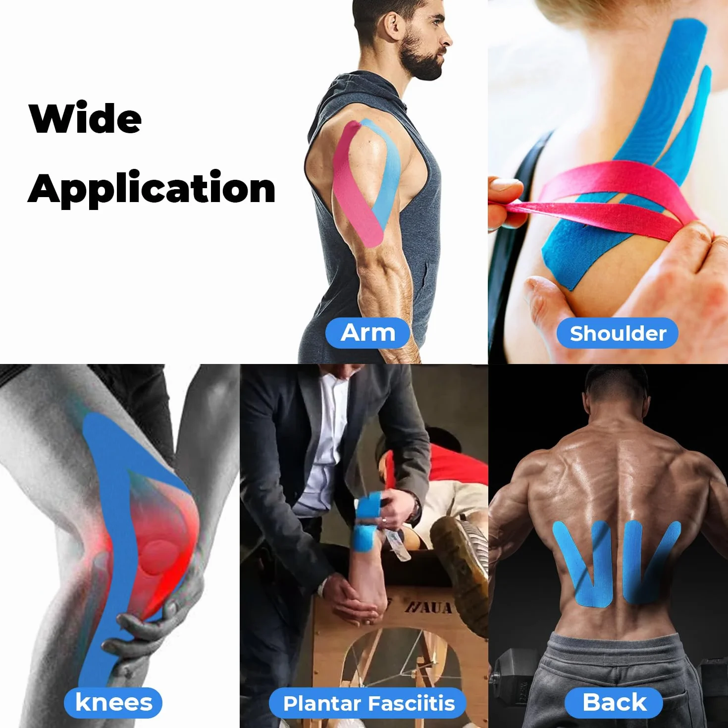 Kinesio Tape 3 rotoli 5cm x 5m Nero+Blu+Rosa, tape sportivo impermeabile ed elastico per ginocchio spalla gomito