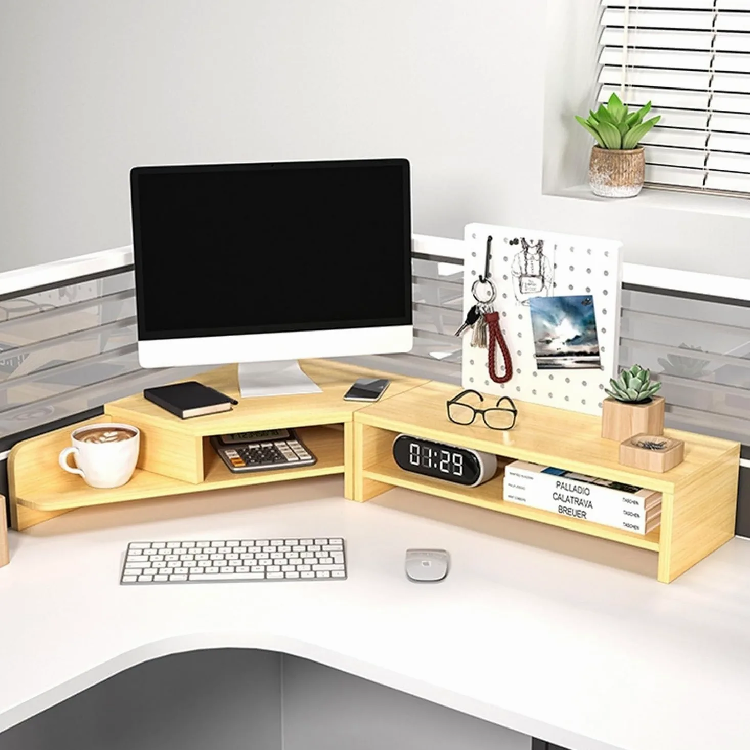 Ripiani portaoggetti da scrivania con supporto for monitor angolare portabicchieri, rialzo for computer salvaspazio, set organizer di grandi dimensioni a 2 livelli for l'home office