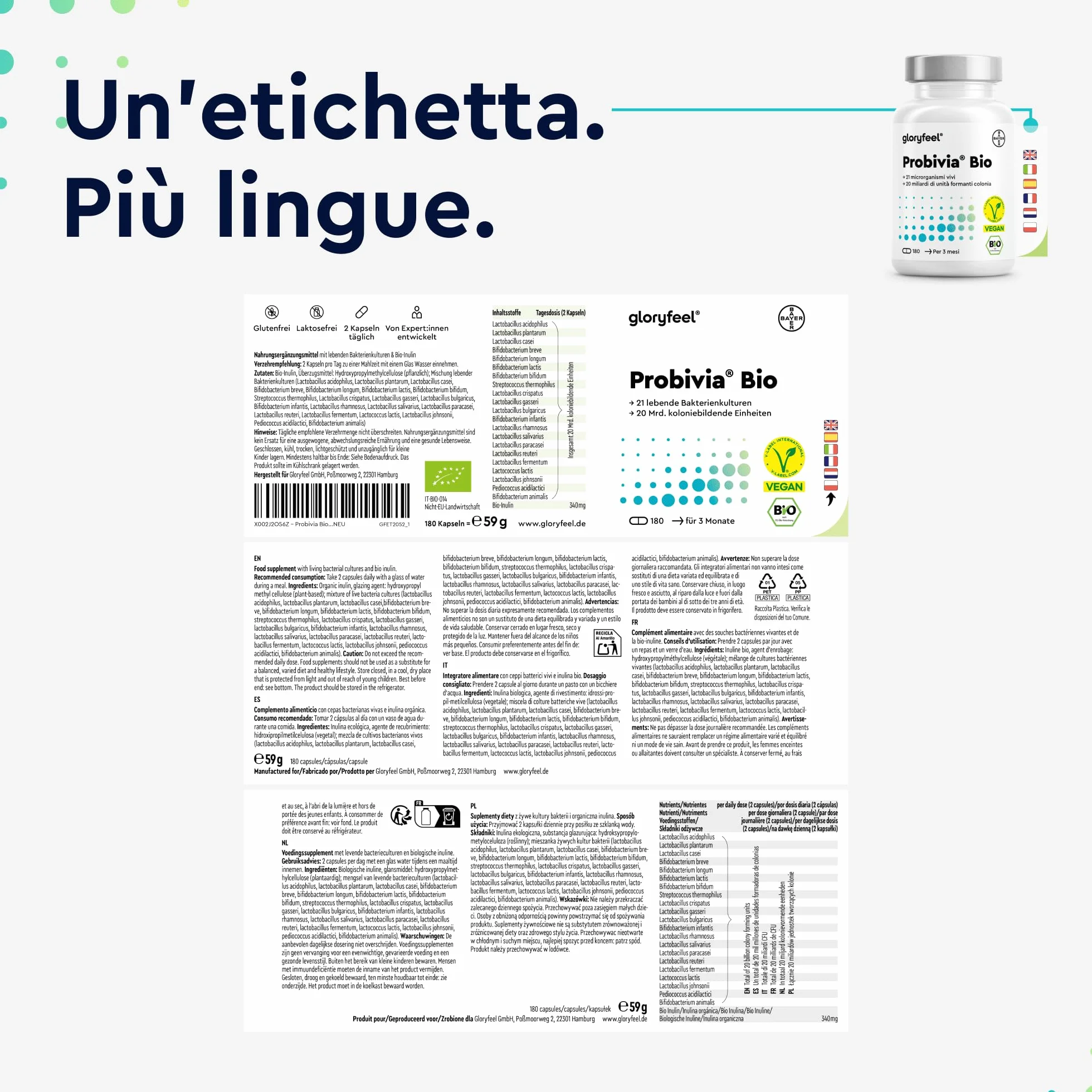 Integratore Probiotici Bio 180 Capsule 21 Ceppi Batterici 20 Miliardi CFU Inulina Senza Lattosio