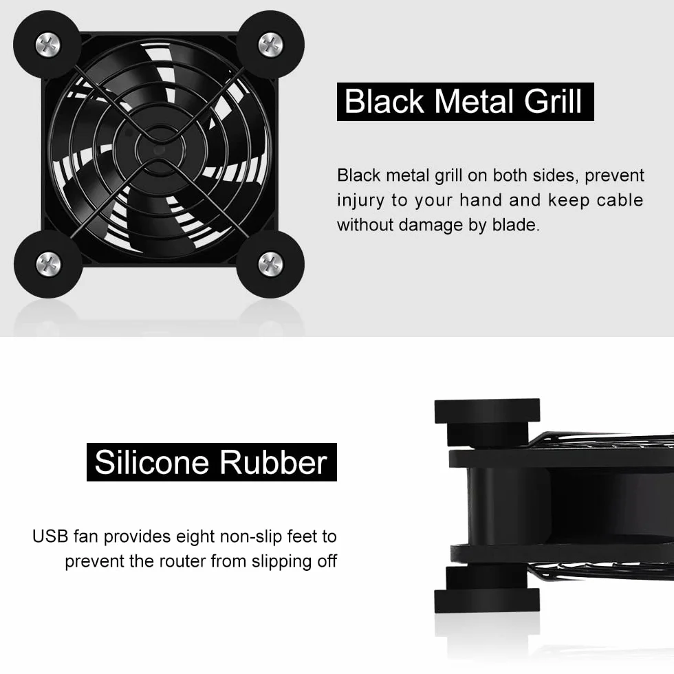 2 mini ventilatore USB da 80 mm, controllo multi-velocità, riduzione del calore per router, console di gioco, TV Box, destinatario, modem, DVR, PlayStation, cabina AV