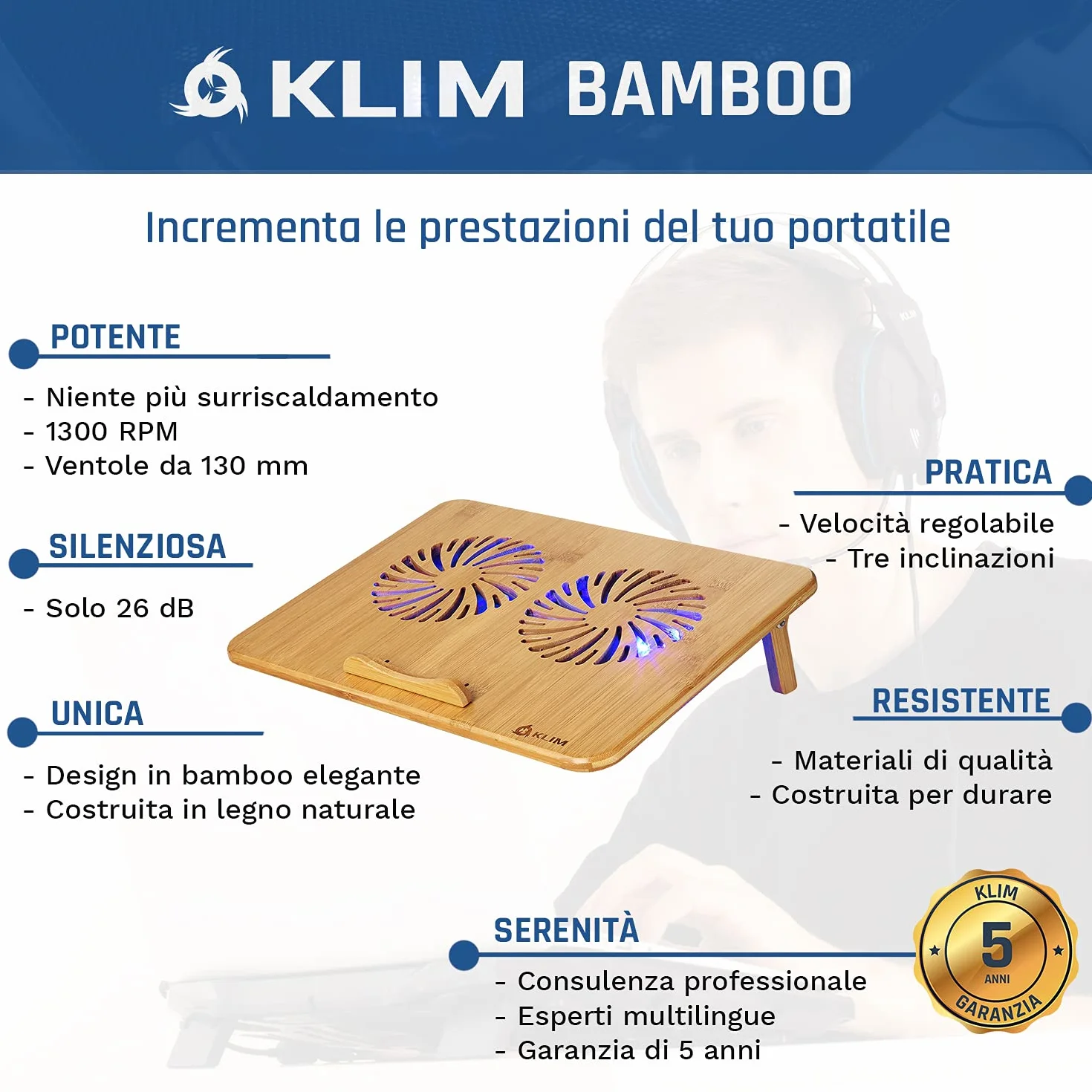 KLIM Base di raffreddamento per laptop in bambù ventole regolabili 10-15,6" porta USB