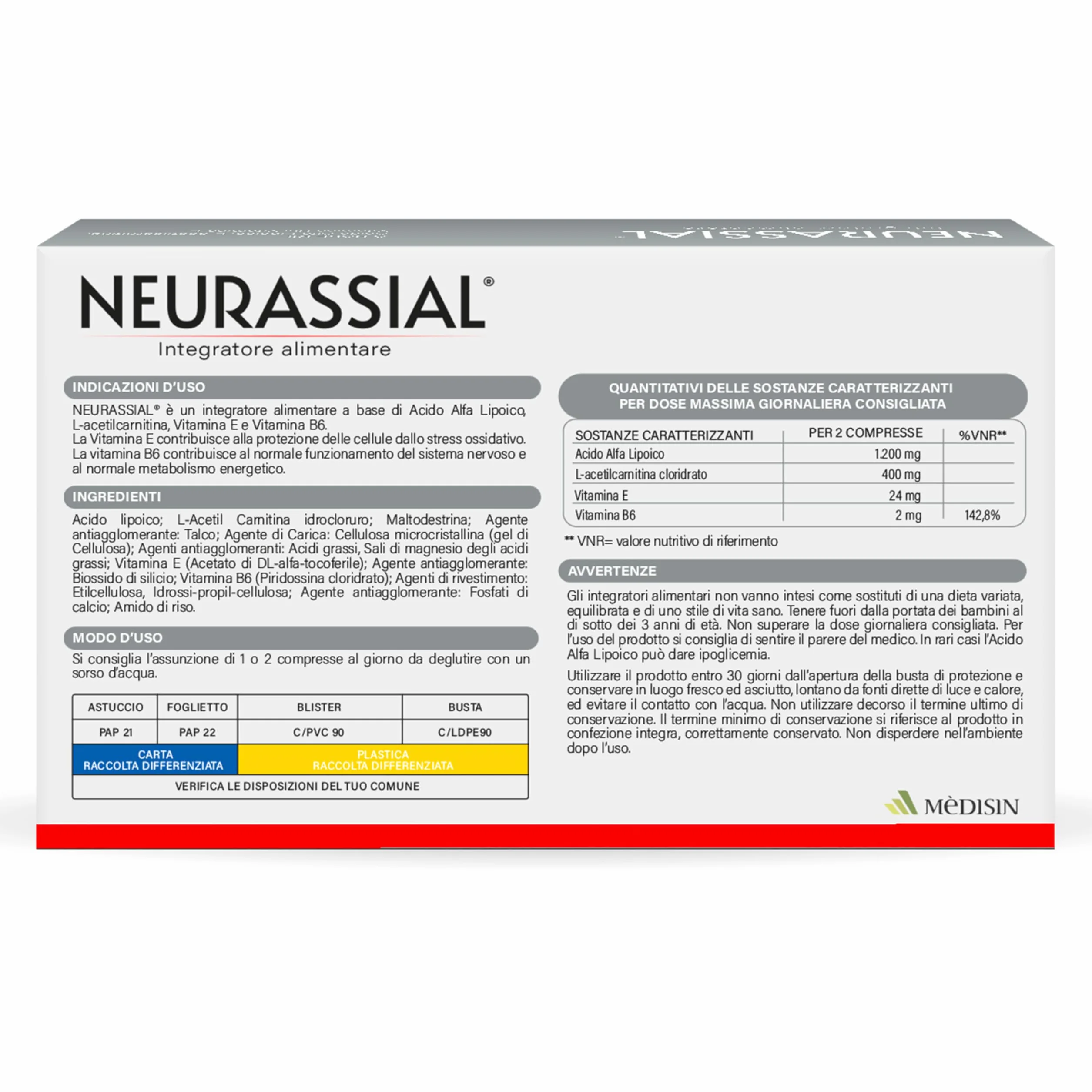 NEURASSIAL® Integratore Alimentare con Acido Alfa Lipoico, L-acetilcarnitina, Vitamine E e B6, 20 Compresse