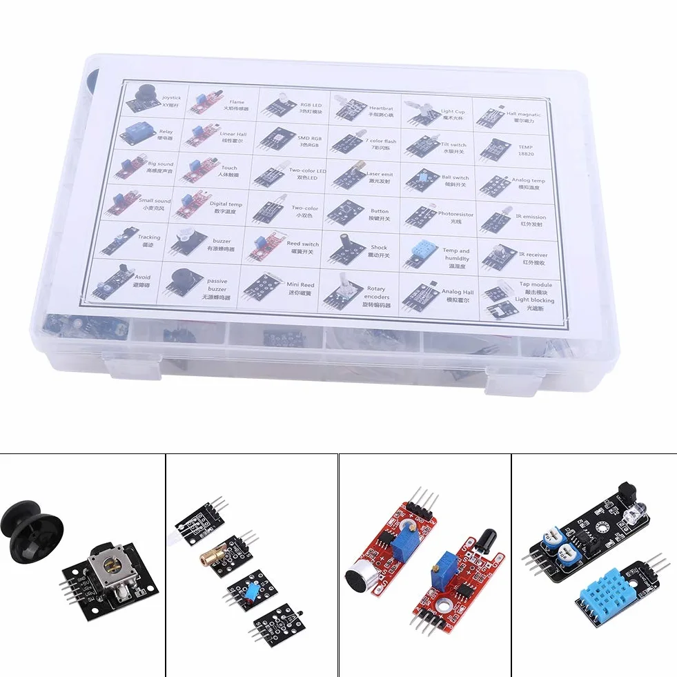 Compatibile per kit sensore Arduino Raspberry pi, kit di moduli sensore Ultimate 37 in 1 per utente MCU Education con scatola