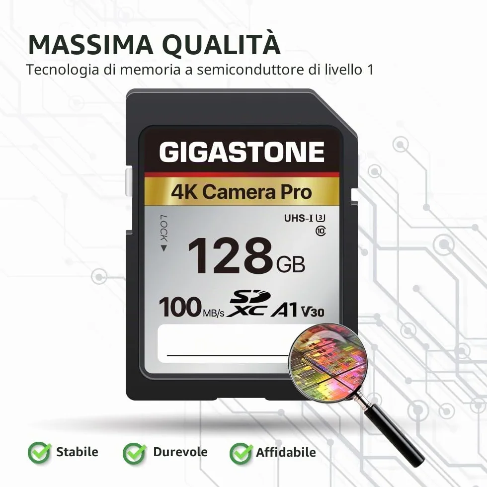 [5 anni di recupero dati gratuito] GIGASTONE scheda di memoria da 128 GB serie 4K Pro, velocità fino a 100 MB/s, compatibile con videocamere Canon, Nikon, Sony, A1 V30 UHS-I