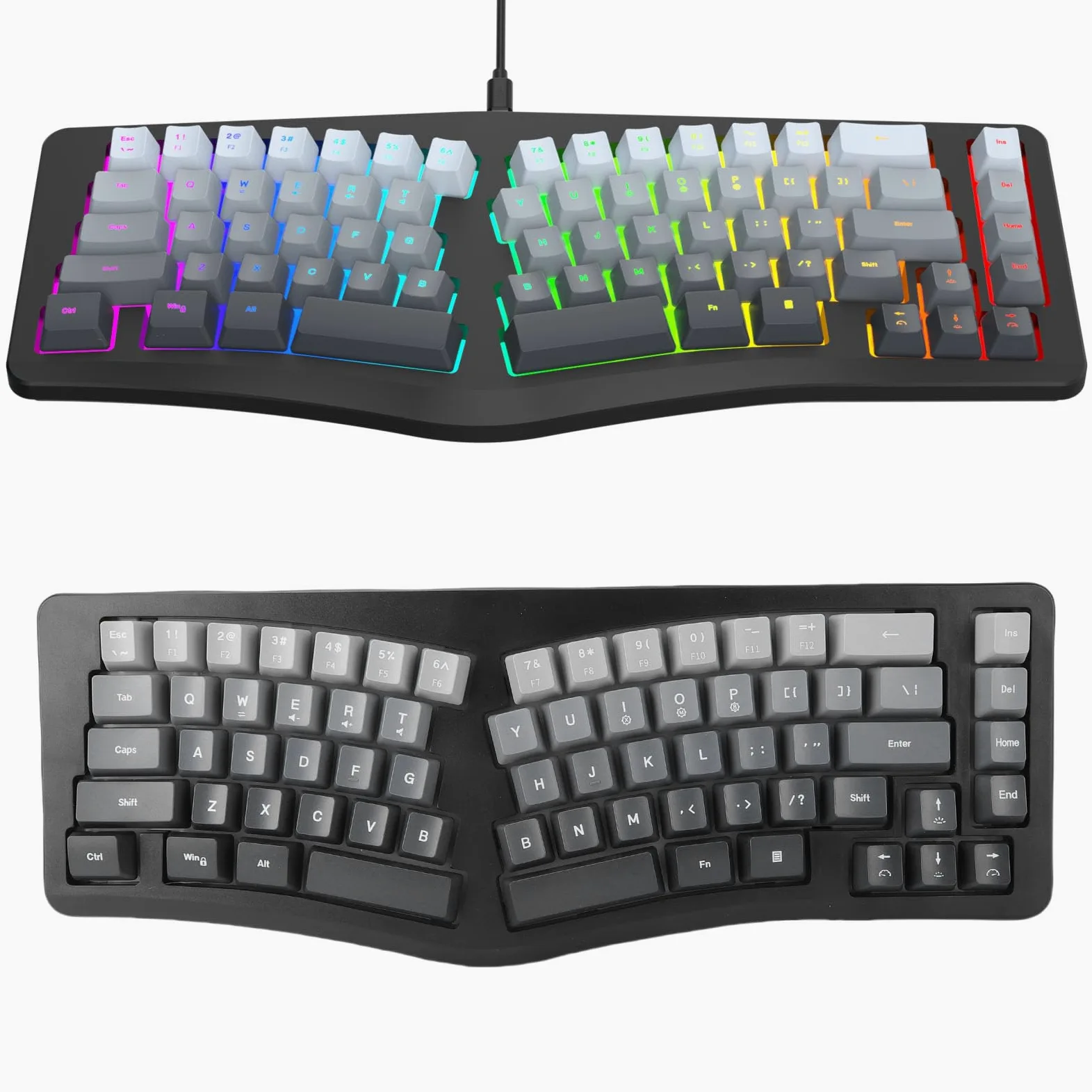 Zunate Tastiera USB Ergonomica Cablata, 69 Tasti Retroilluminati RGB Tipo C PC Tasti Ondulati Rimovibili La Tastiera Divisa da Gioco Supporta 25 Tasti Senza Conflitti Compatta per
