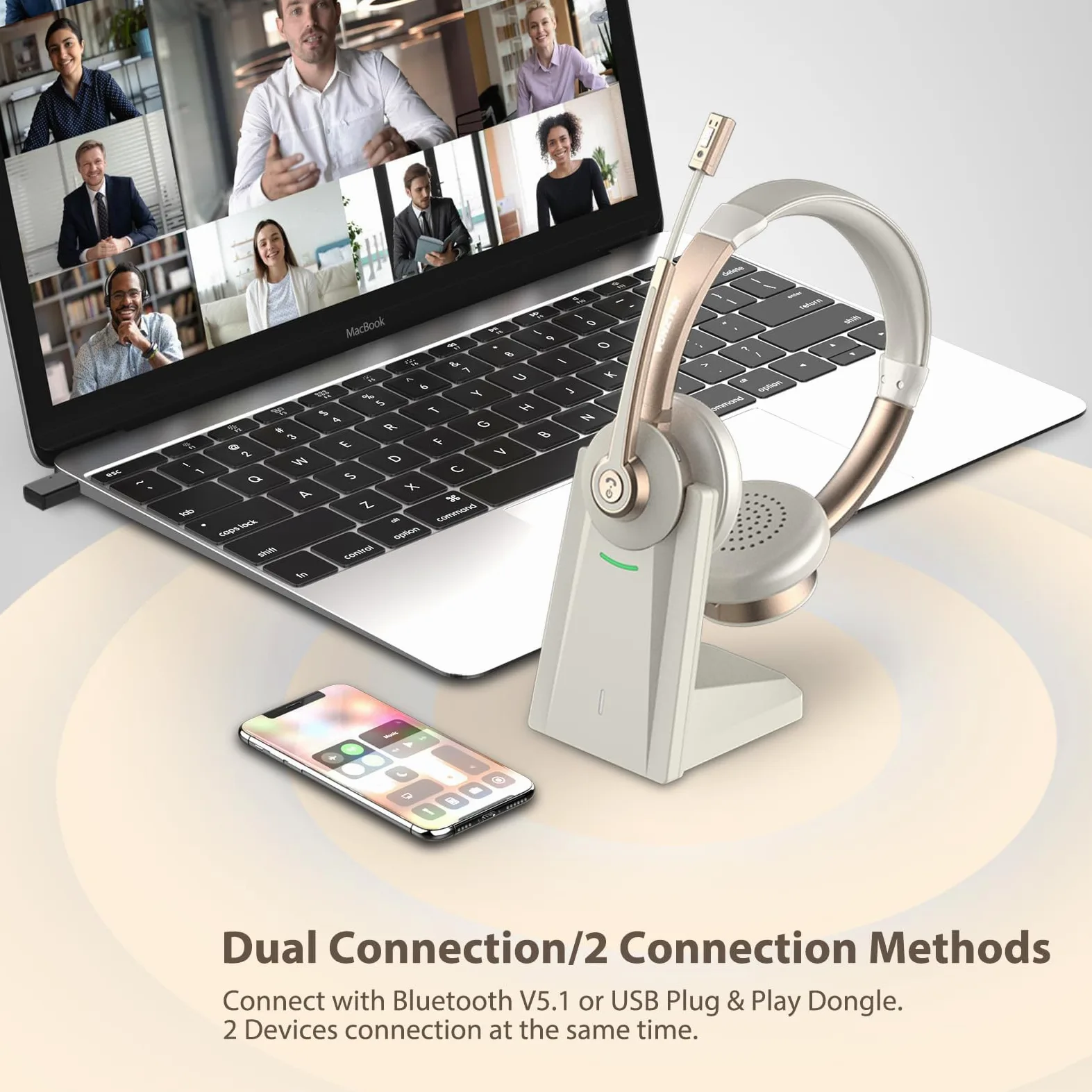 QCC v5.1 - Cuffie wireless Bluetooth con microfono, microfono CVC con cancellazione del rumore e mute/dock di ricarica/dongle USB, 26 ore di vivavoce, per telefoni cellulari/team Ms/Zoom/Skype