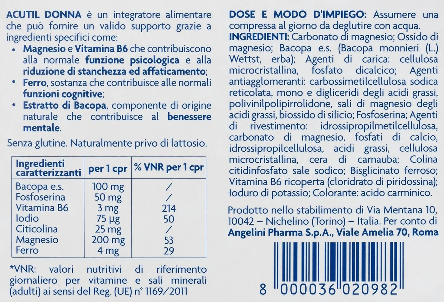 Acutil Donna Integratore Alimentare con Magnesio, Vitamina B6 e Ferro, 20 Compresse