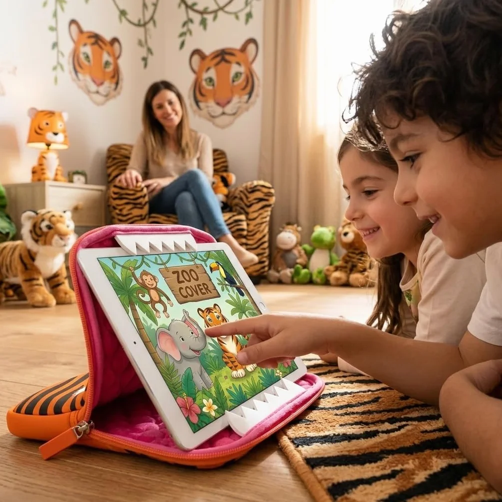 Zoo Cover: Custodia Tablet 10 Pollici Bambini Imbottita Antiurto Morbida Zip Sicura Protezione Completa per Scuola Viaggio (Tigre)