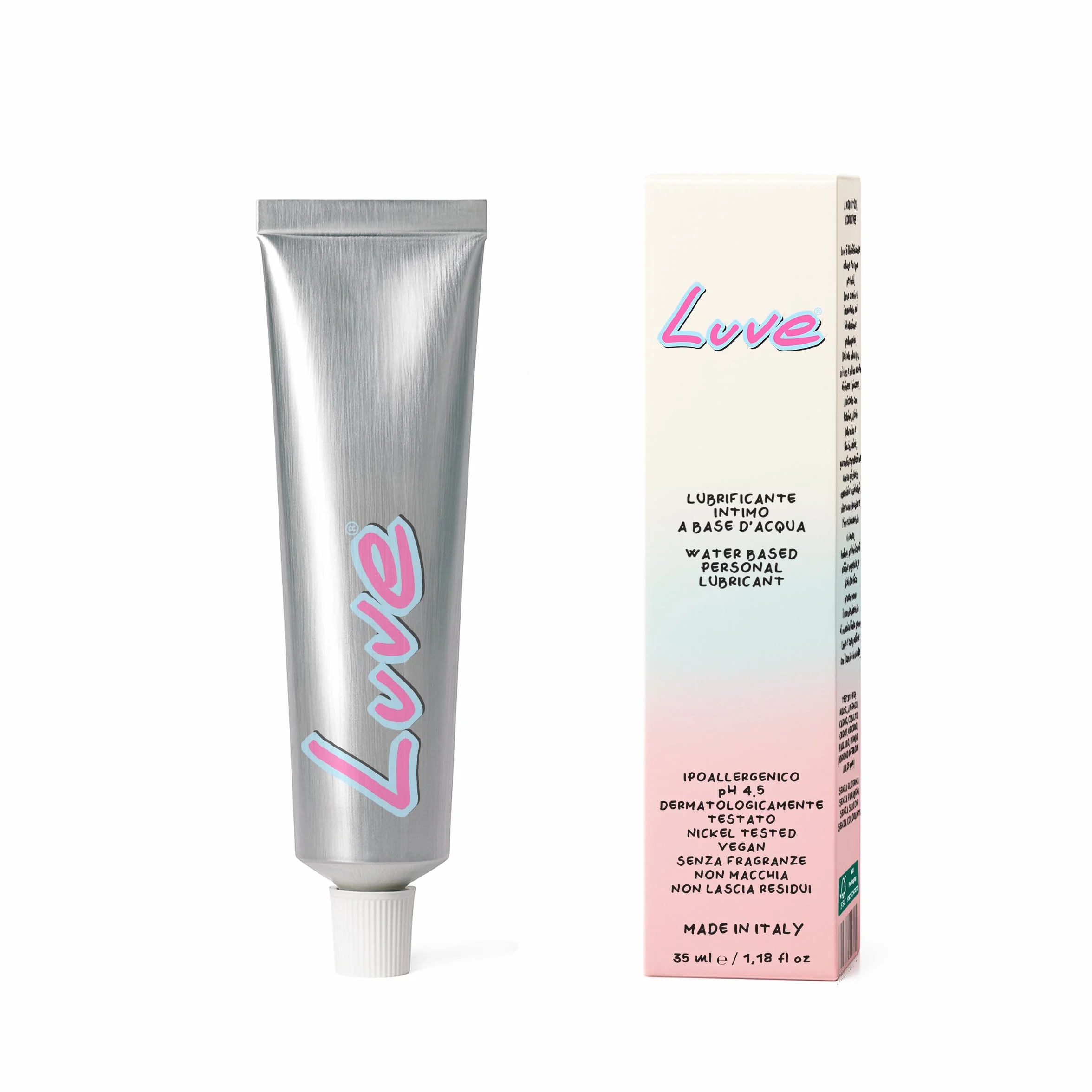 Luve Lubrificante Intimo a Base d'Acqua 35ml Ipoallergenico pH 4.5 Acido Ialuronico Niacinamide Ectoina Nickel Tested Vegan Made in Italy