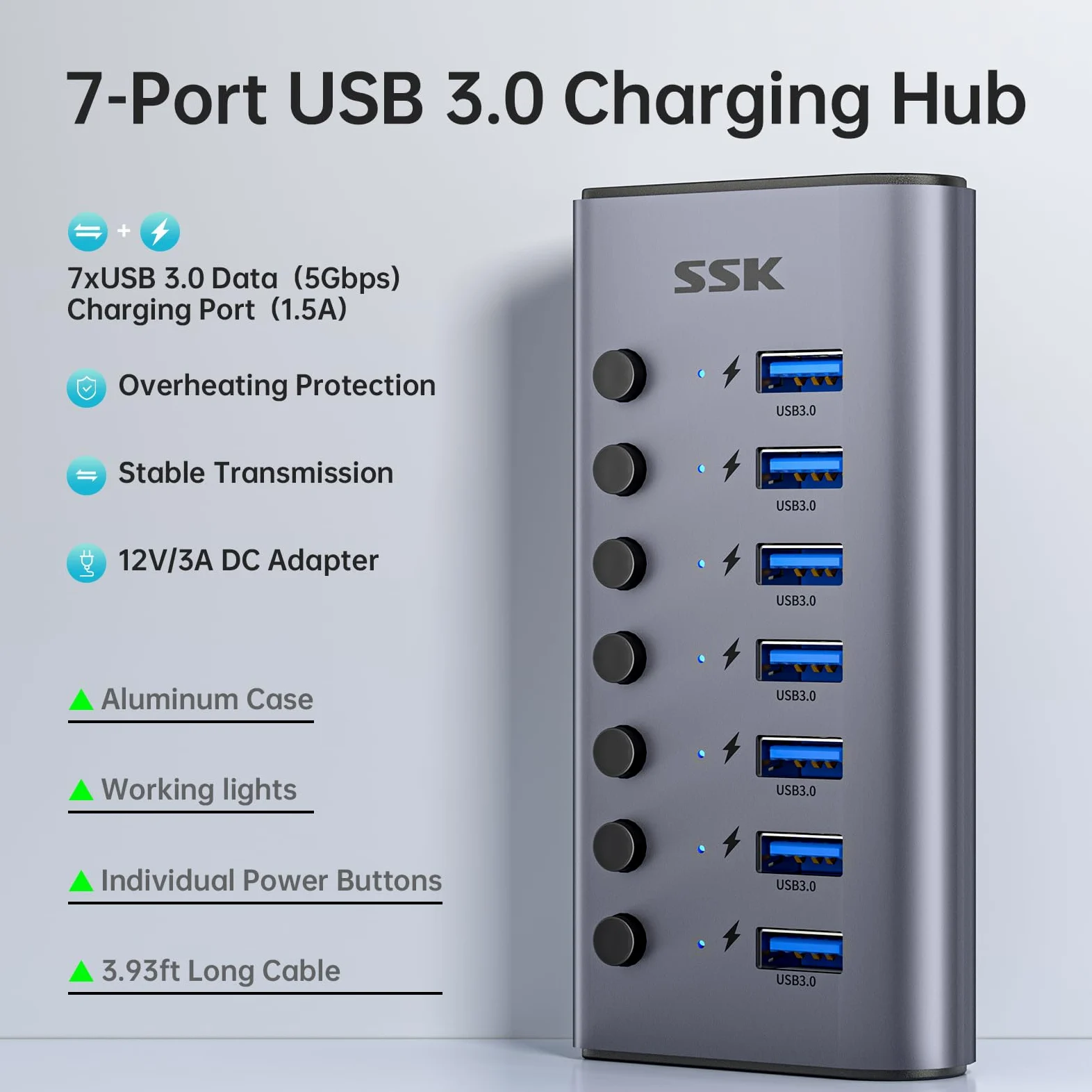 SSK Hub USB 3.0 alimentato a 7 porte, splitter di estensione USB in alluminio con interruttori e LED individuali, hub di ricarica USB a 5 Gbps di dati con adattatore DC12V3A e cavo da 3,93 piedi