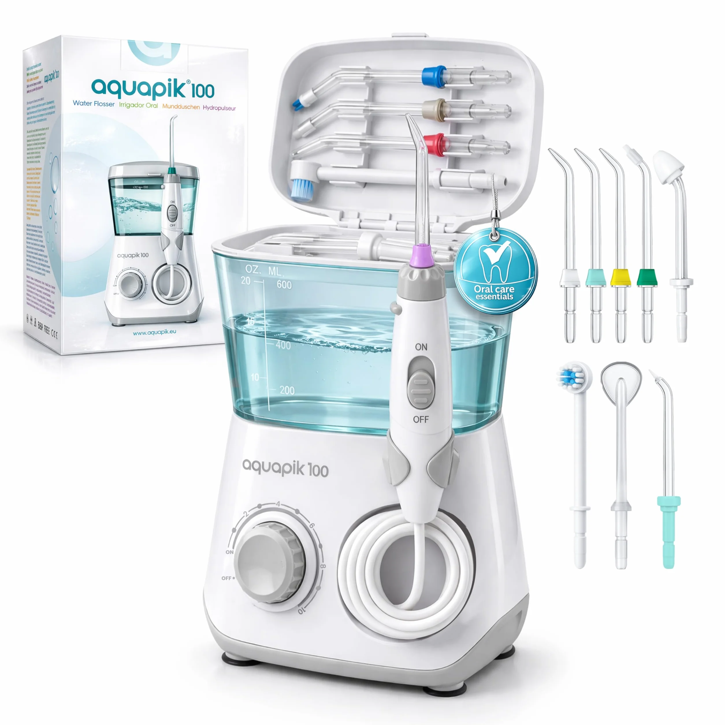 Aquapik 100 Idropulsore Dentale Professionale Irrigatore Orale 8 Ugelli Multifunzione 10 Impostazioni Pressione Serbatoio 600 ml Pulizia Interdentale Bianco