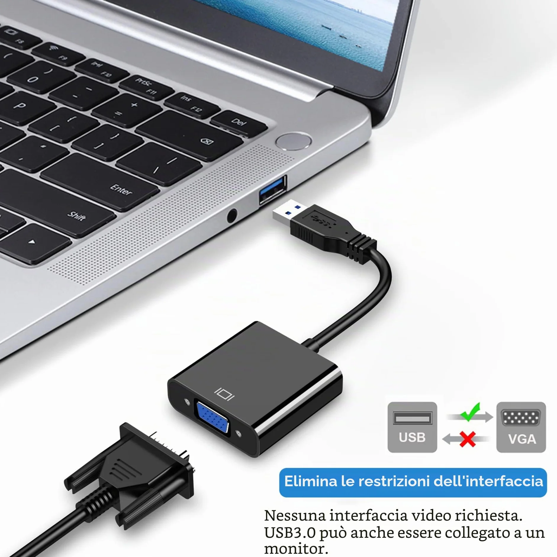 Adattatore USB a VGA per Monitor, Convertitore VGA a USB 3.0/2.0 1080P Multi-Display Cavo Video per Laptop Desktop PC