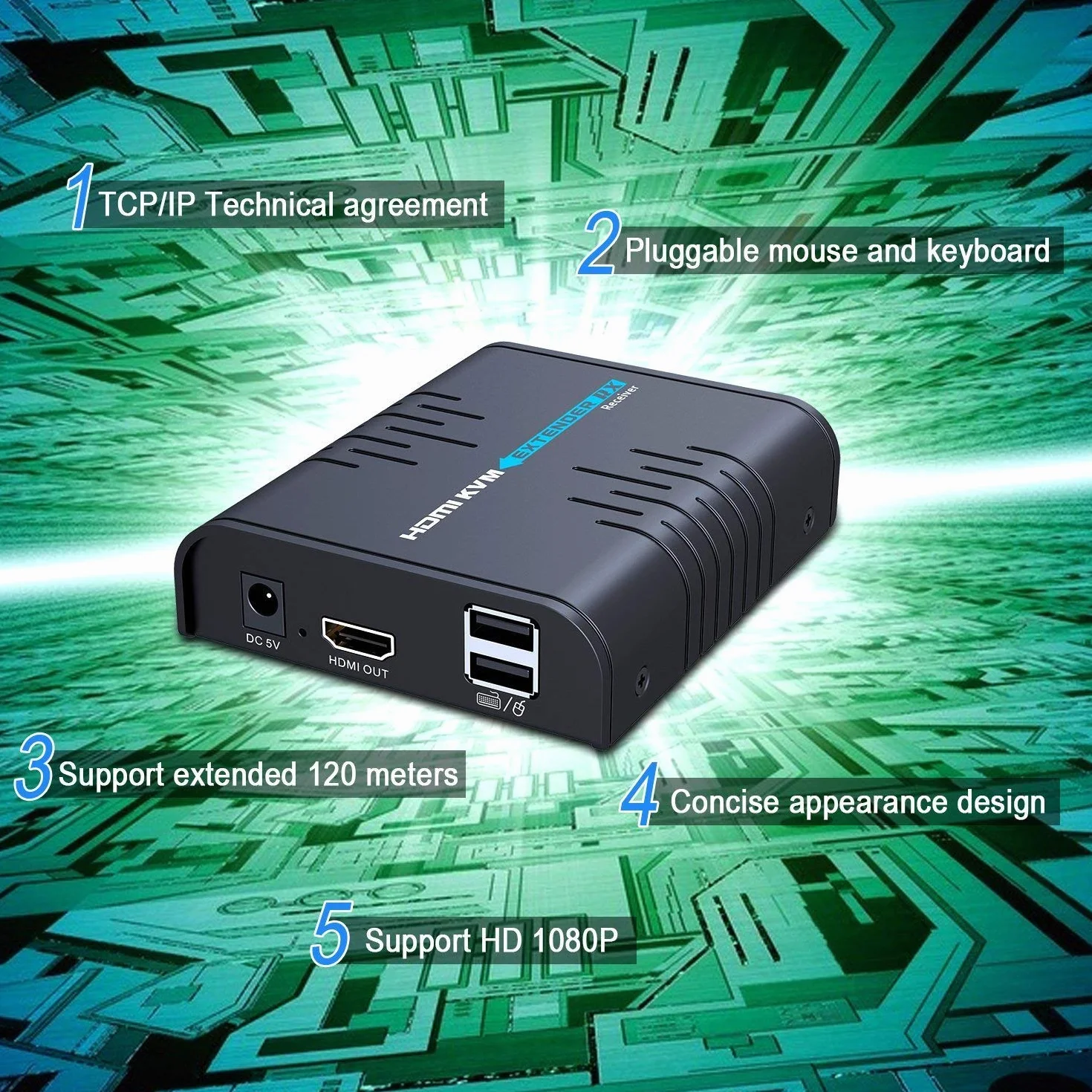 AGPTEK USB HDMI KVM Extender su Singolo Cavo Ethernet Cat 5/5E/6/7- Estensione del Segnale Fino a 120m/365Ft- Supporto Mouse Tastiera USB- Adattatore per Uso residenziale/Commerciale