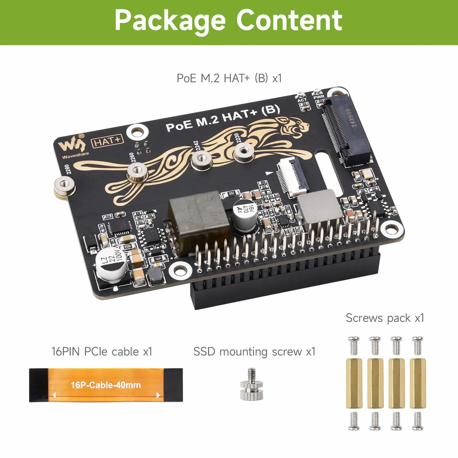 Waveshare PCIe to M.2 Adapter with PoE Function HAT+ (B), Compatible with Raspberry Pi 5, Supports POE NVMe Drive Protocol 2230/2242 / 2260/2280 M.2 Solid State Drive, High-Speed Reading/Writing