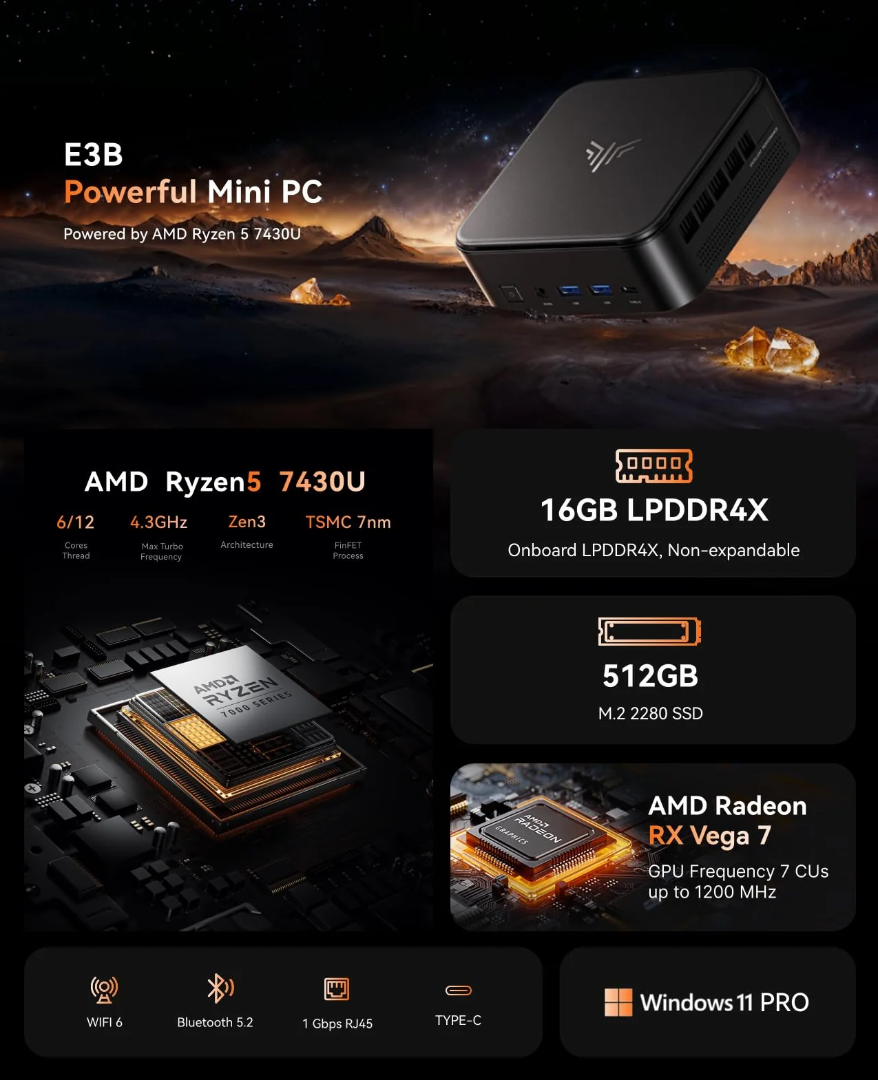 NiPoGi E3B AMD Ryzen 5 7430U 16GB LPDDR4X 512GB SSD Mini Desktop Computer Radeon RX Vega 7 4K Triplo Display DP HDMI Type C WiFi 6 BT5.2 Micro Gaming PC