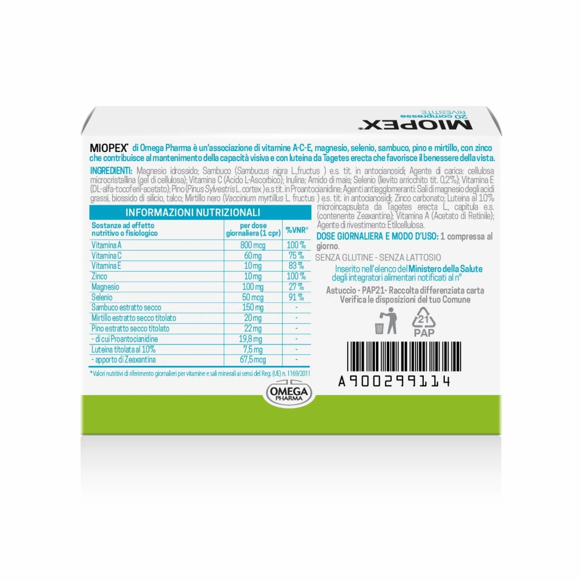 Omega Pharma Miopex Compresse Integratore Alimentare con Vitamine per la Capacità Visiva 20 Compresse