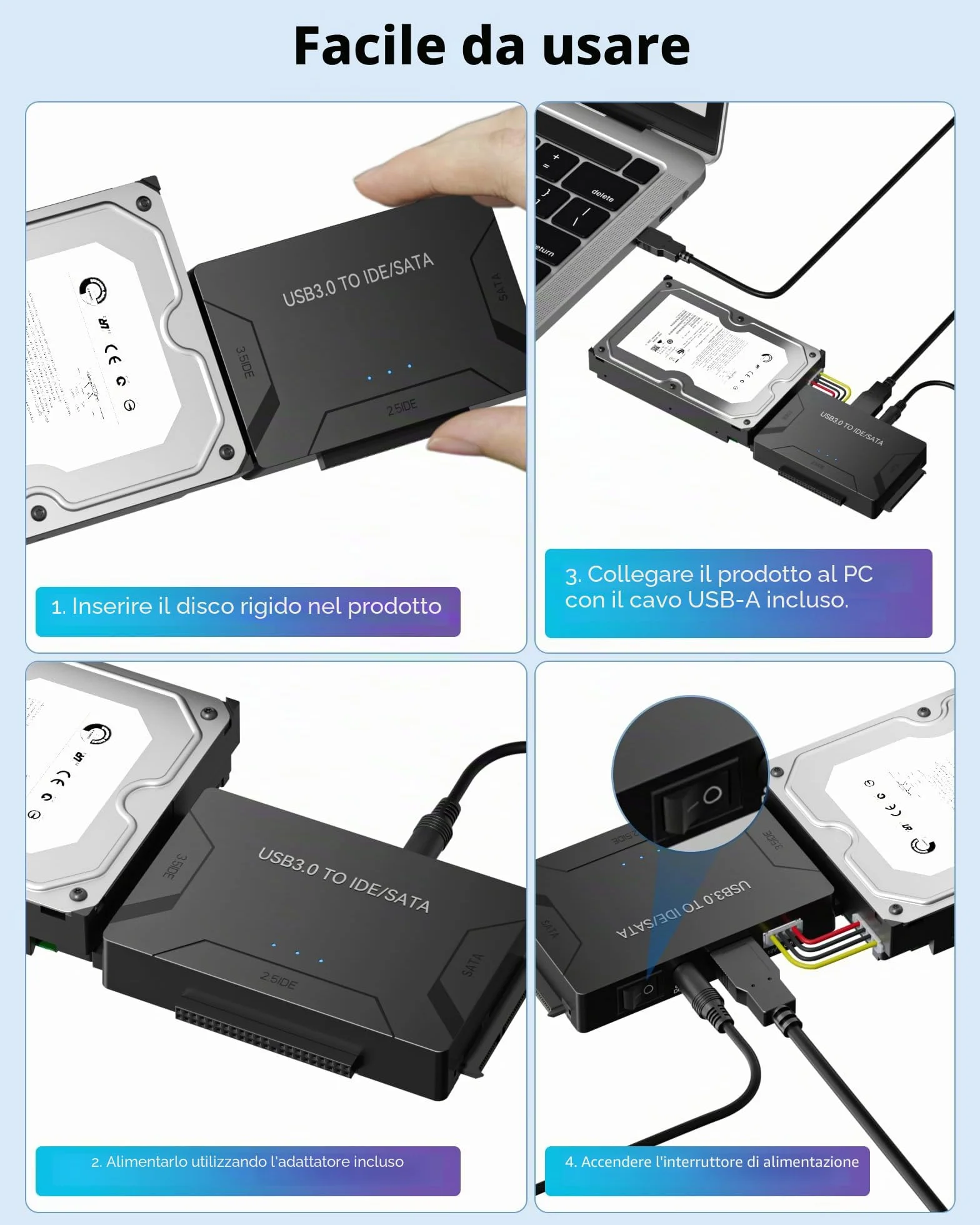 Adattatore IDE USB 3.0, USB 3.0 a SATA universale per dischi rigidi 2,5 e 3,5 pollici HDD/SSD con alimentatore 12 V 2 A