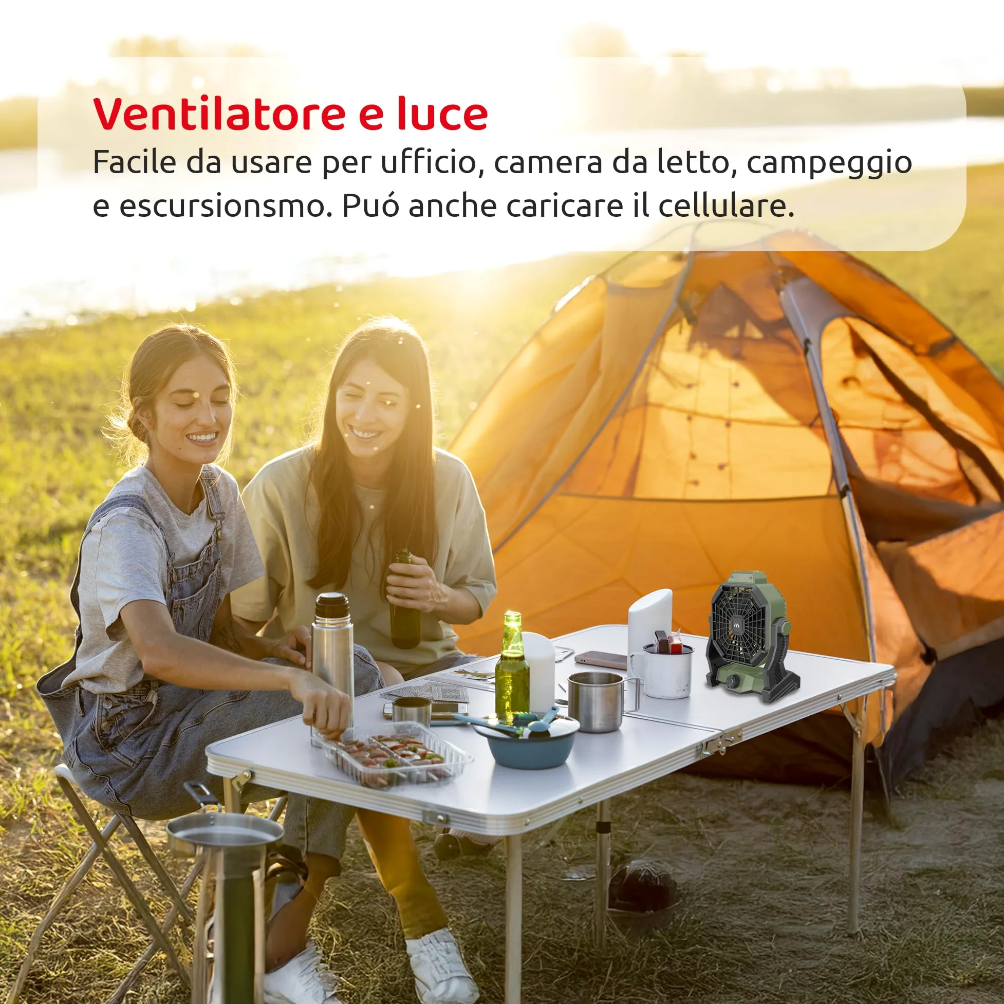 Melchioni Family | Ventilatore Portatile da Campeggio Ricaricabile con Luce, Batteria Incorporata da 5200 mah Ricaricabile tramite Cavo USB