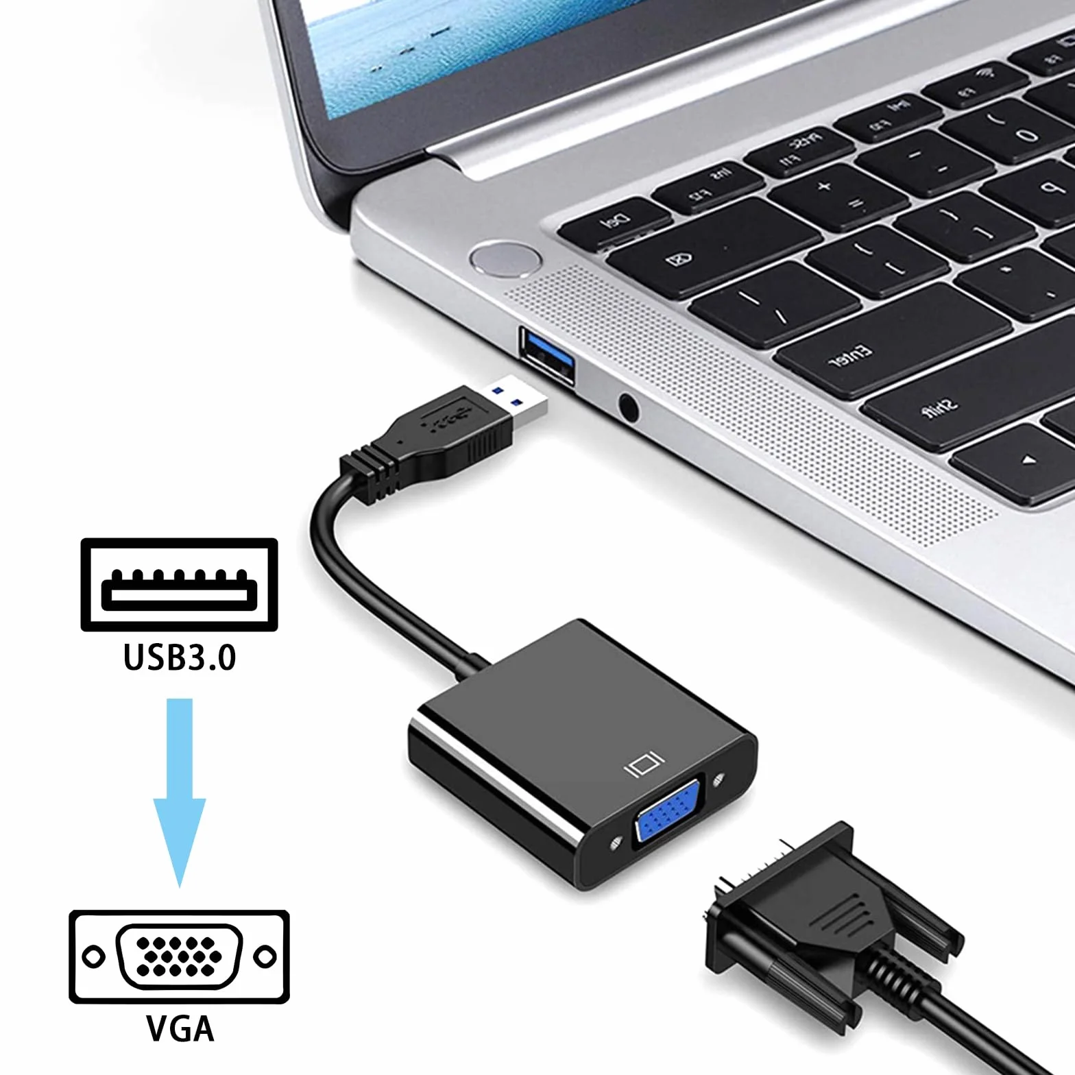 Adattatore USB 3.0 a VGA, adattatore scheda grafica esterna, convertitore per PC Windows, compatibile con videoproiettore TV, semplice Plug & Play, ideale per lavoro d'ufficio, home theater (nero)