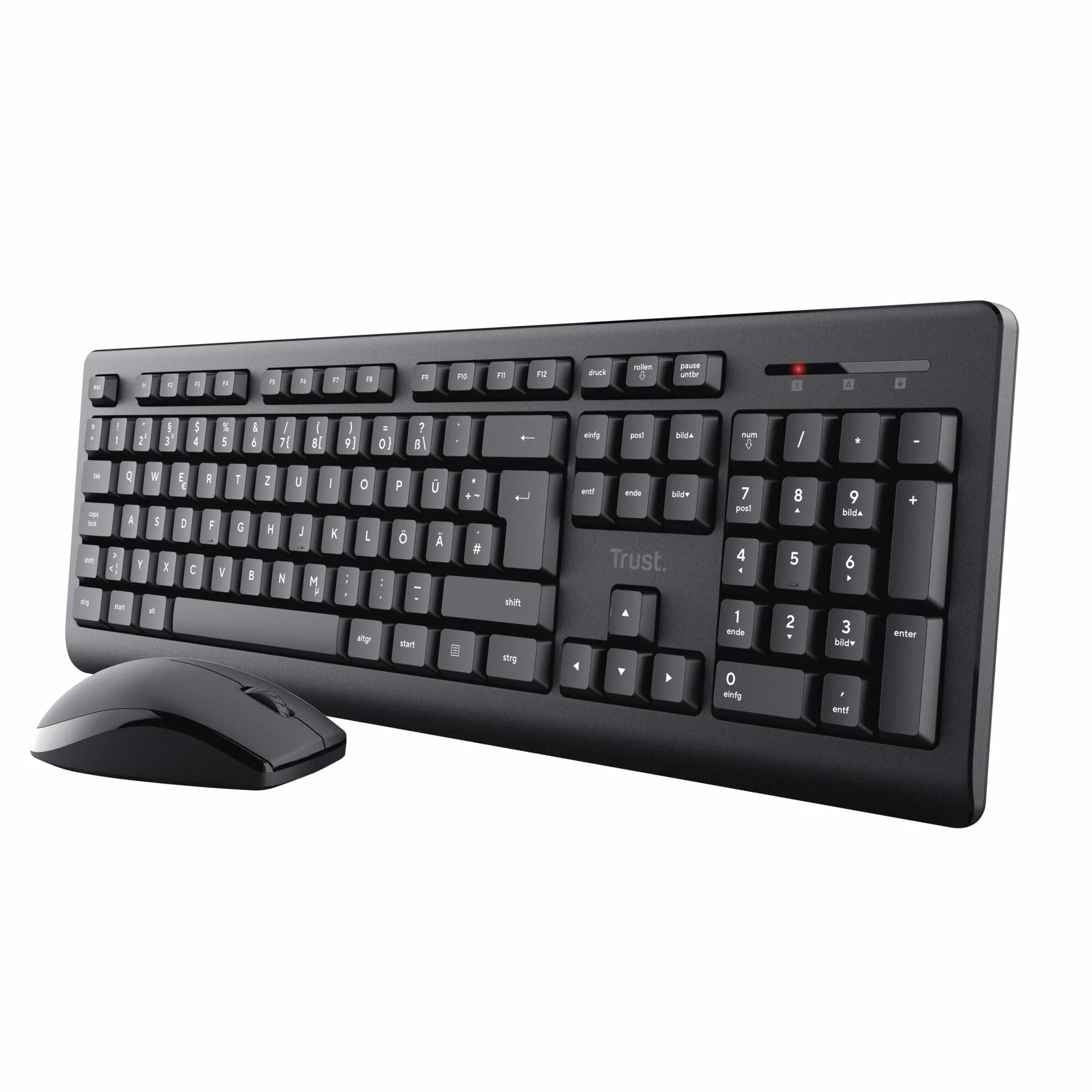 Trust Primo, set di mouse senza fili, layout tedesco QWERTZ, tasti piatti, resistente agli spruzzi, mouse wireless ambidestro con ricevitore USB, tastiera wireless per PC, computer laptop Mac