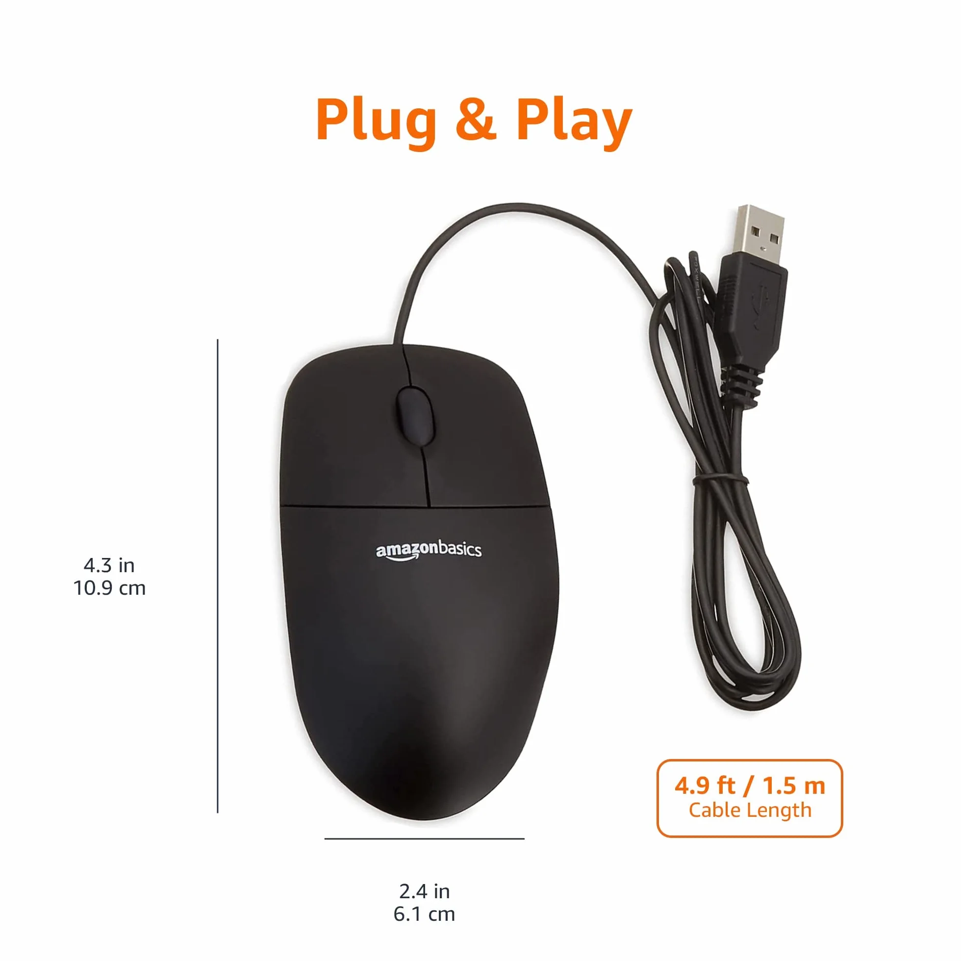 Amazon Basics Mysz optyczna czarna USB 3 przyciski Windows Mac OS X