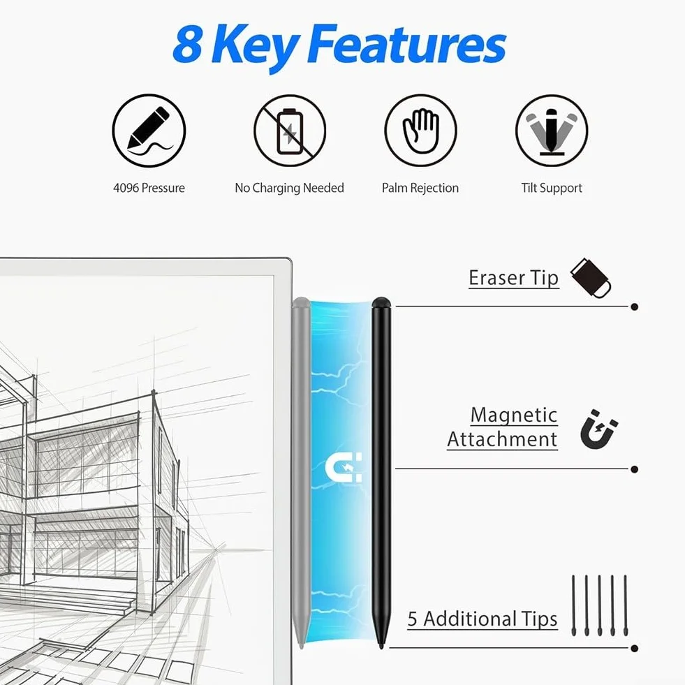 Penna stilo per Remarkable-2 con sensibilità alla pressione 4096, rifiuto palmo, supporto inclinazione, attacco magnetico e 5 punte di ricambio intercambiabili