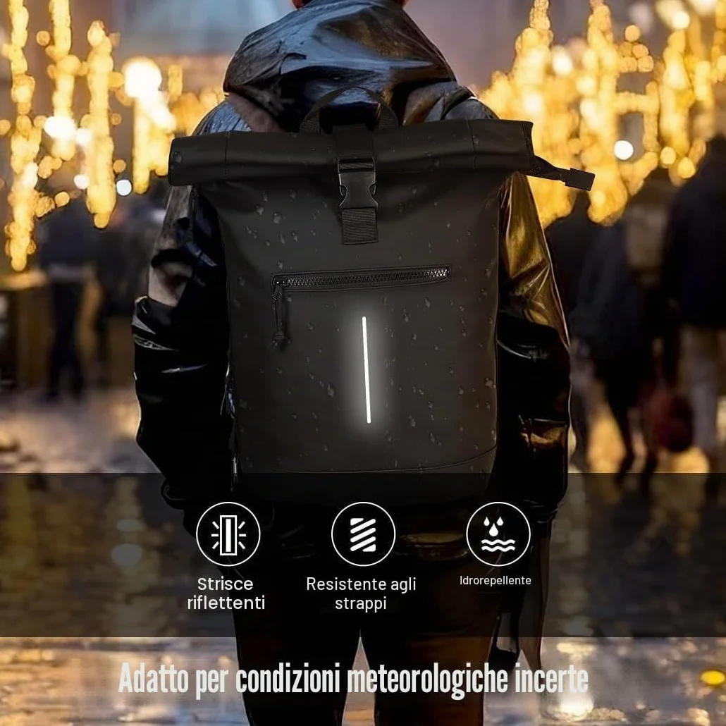 Lekeinchi Zaino Rolltop Uomo Donna Porta PC 17 Pollici | Zaino Impermeabile Uomo Donna - Grande Zaino con Strisce Riflettenti, Zaini da Viaggio Espandibile - Scuola Lavoro Università Ciclismo - Nero