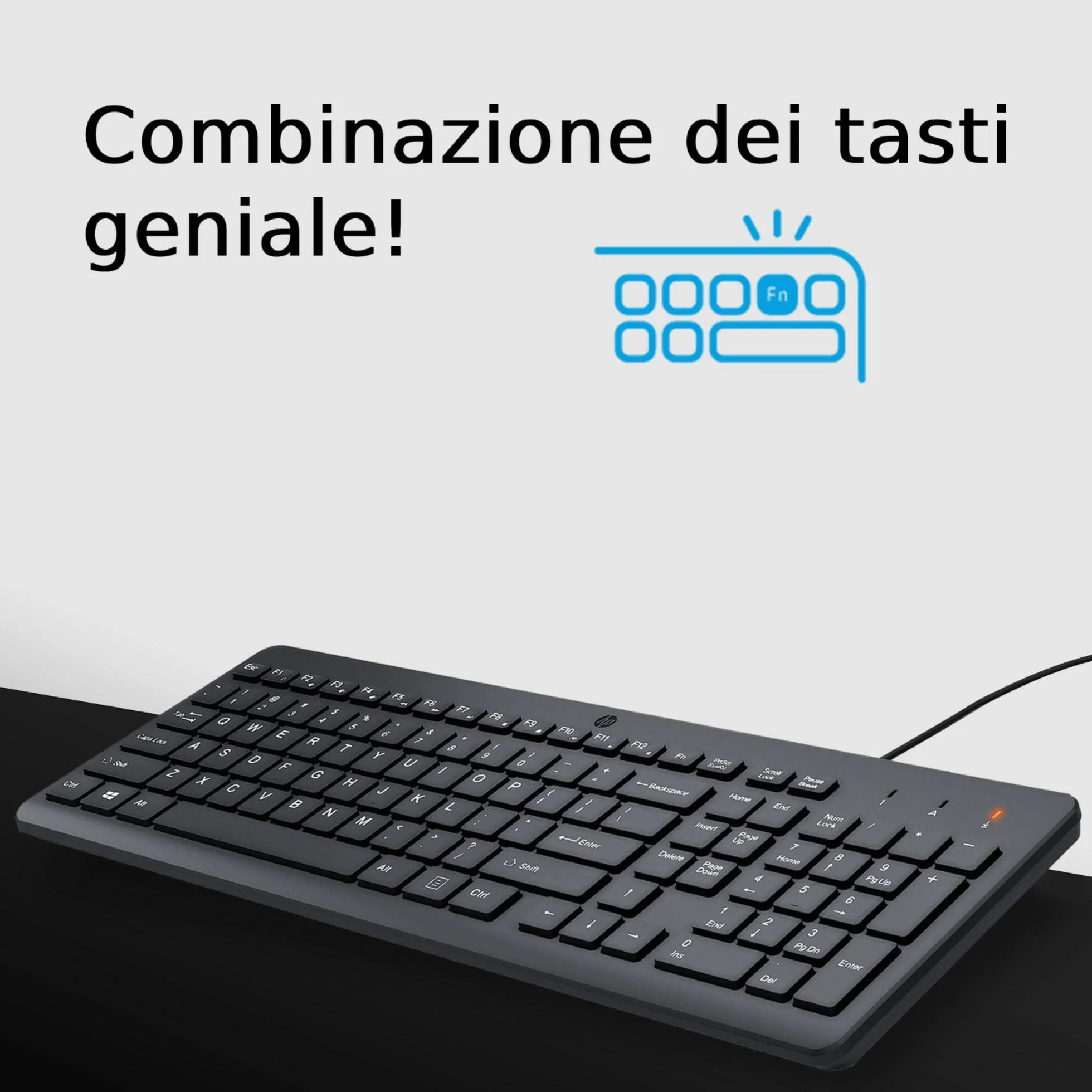 HP 150 Combo Tastiera e Mouse con cavo USB da 100 cm, Indicatore LED Blocco Maiuscole, 12 Combinazioni di Tasti, Plug and Play, Mouse Sensore Ottico da 1600 DPI, Compatibile con Windows 11, Nera