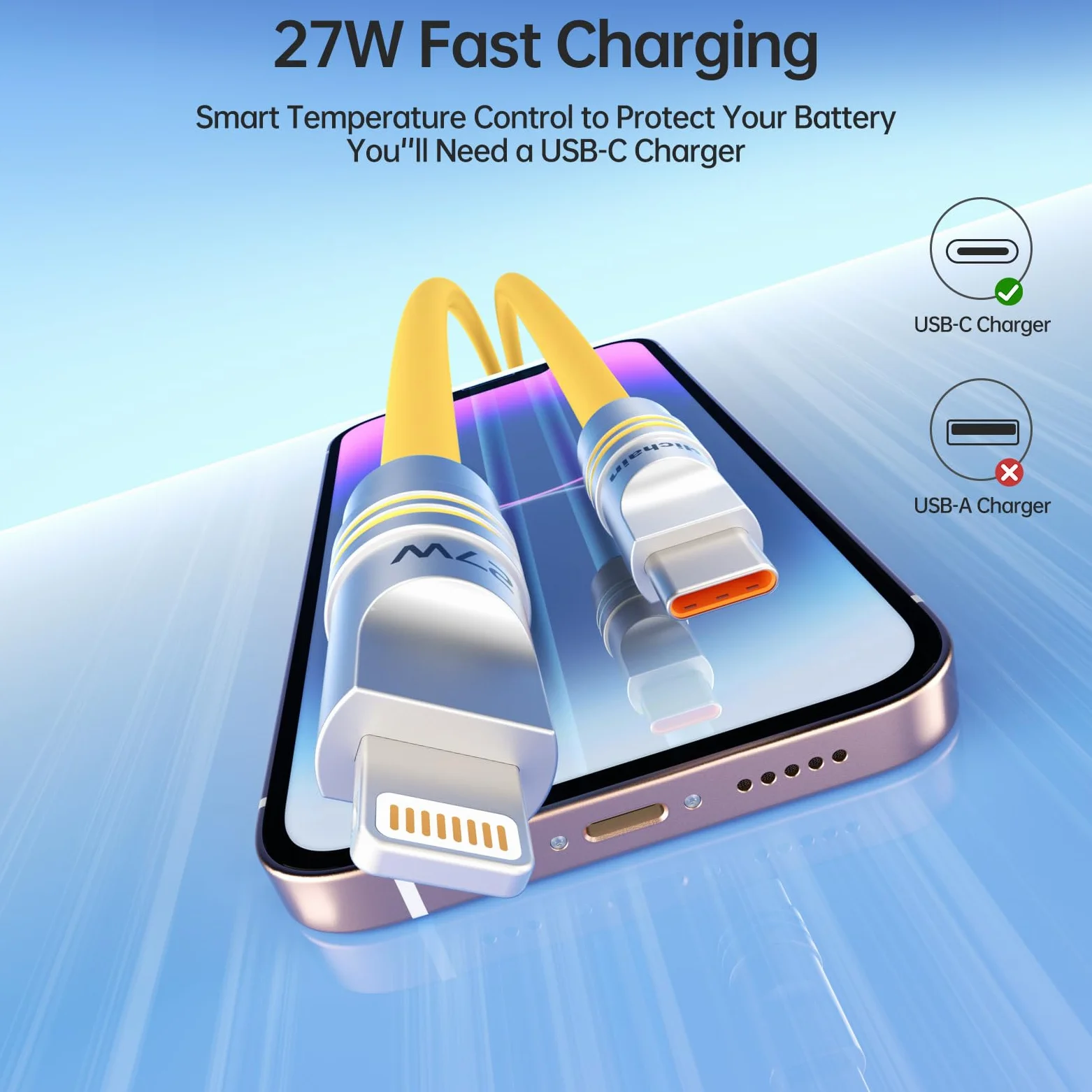 Hichain Cavo USB C a Lightning in silicone, confezione da 2 pezzi, 1,2 m, giallo, USB C 27 W, cavo di ricarica veloce tipo C, cavo Lightning per iPhone 14, 13, 12, 11, certificato MFi