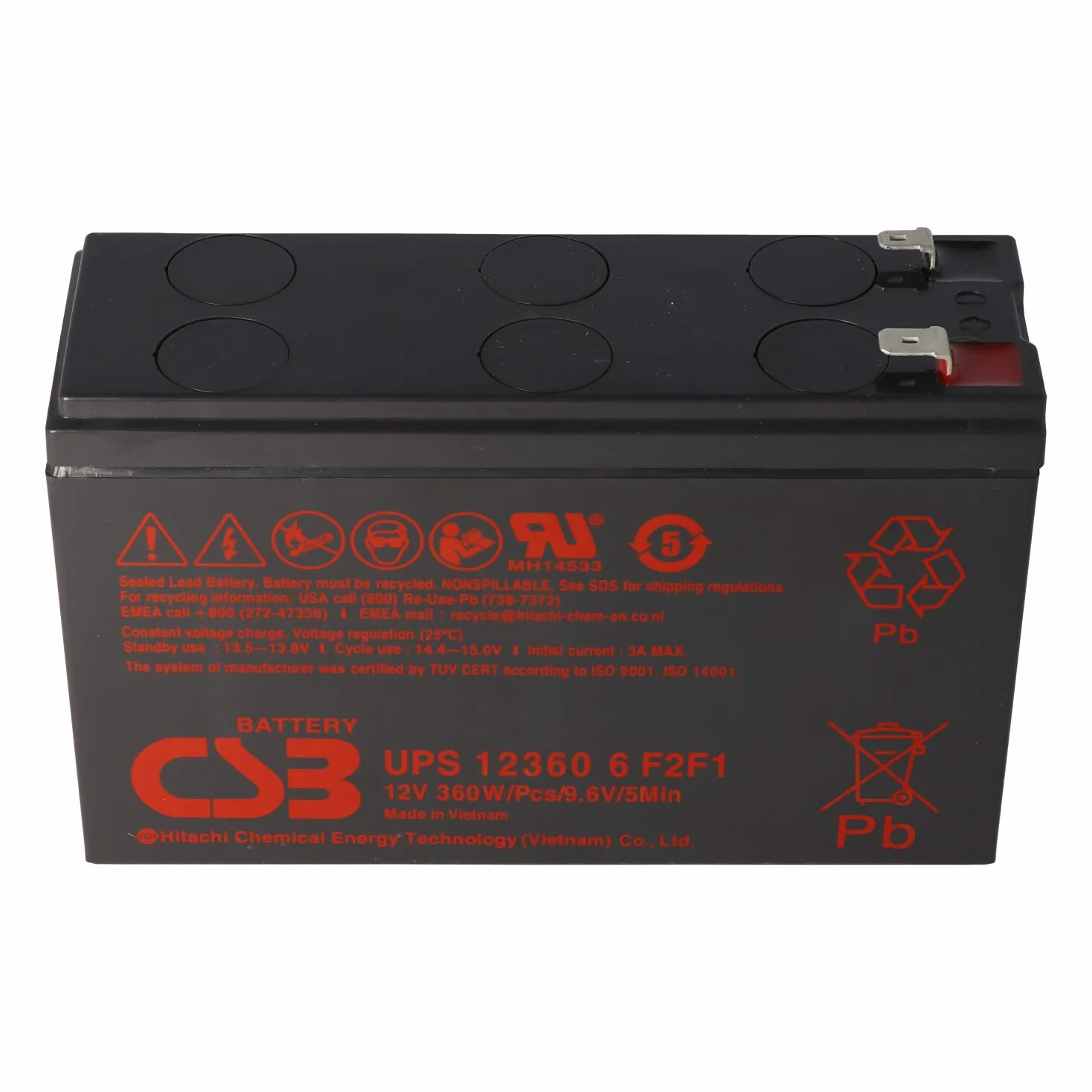 CSB-UPS123606 12 Volt 7 Ah Batteria al piombo AGM 360Wh, 151x51x98,3mm Faston 4,8 e 6,3mm ad alta resistenza alla corrente