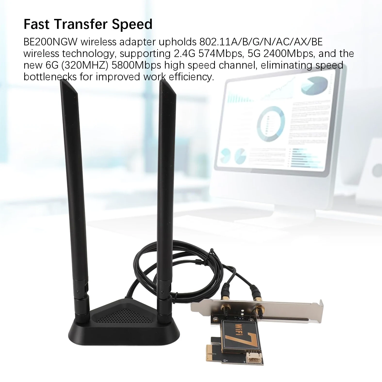 Scheda Adattatore di Rete WiFi, BE200NGW Segnale Efficiente WPA4 Crittico 2.4G 5G 6G PCI EX1 Adattatore della Scheda WiFi 8774MBIT / S Plug And Play per Desktop -PC (con Base di Antenna