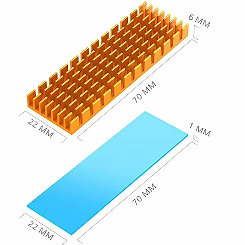 Alette di Raffreddamento in Alluminio per Alette di Raffreddamento M.2 SSD con Cuscinetto Termico in Silicone con foglio adesivo termoconduttivo per impedire la fuga CPU Circuito termica (2Pcs, oro)