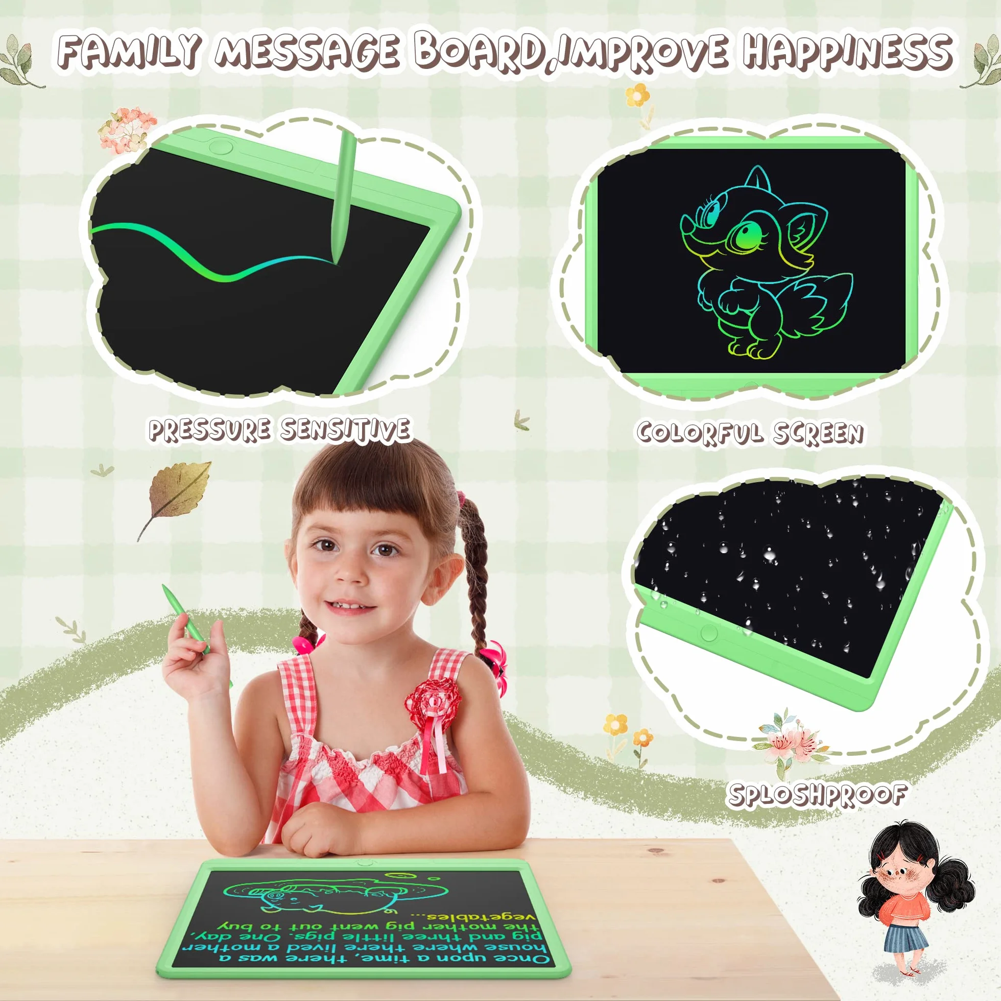 GIGART Lavagna LCD 15 pollici con chiusura a chiave per bambini 3-12 anni (verde)
