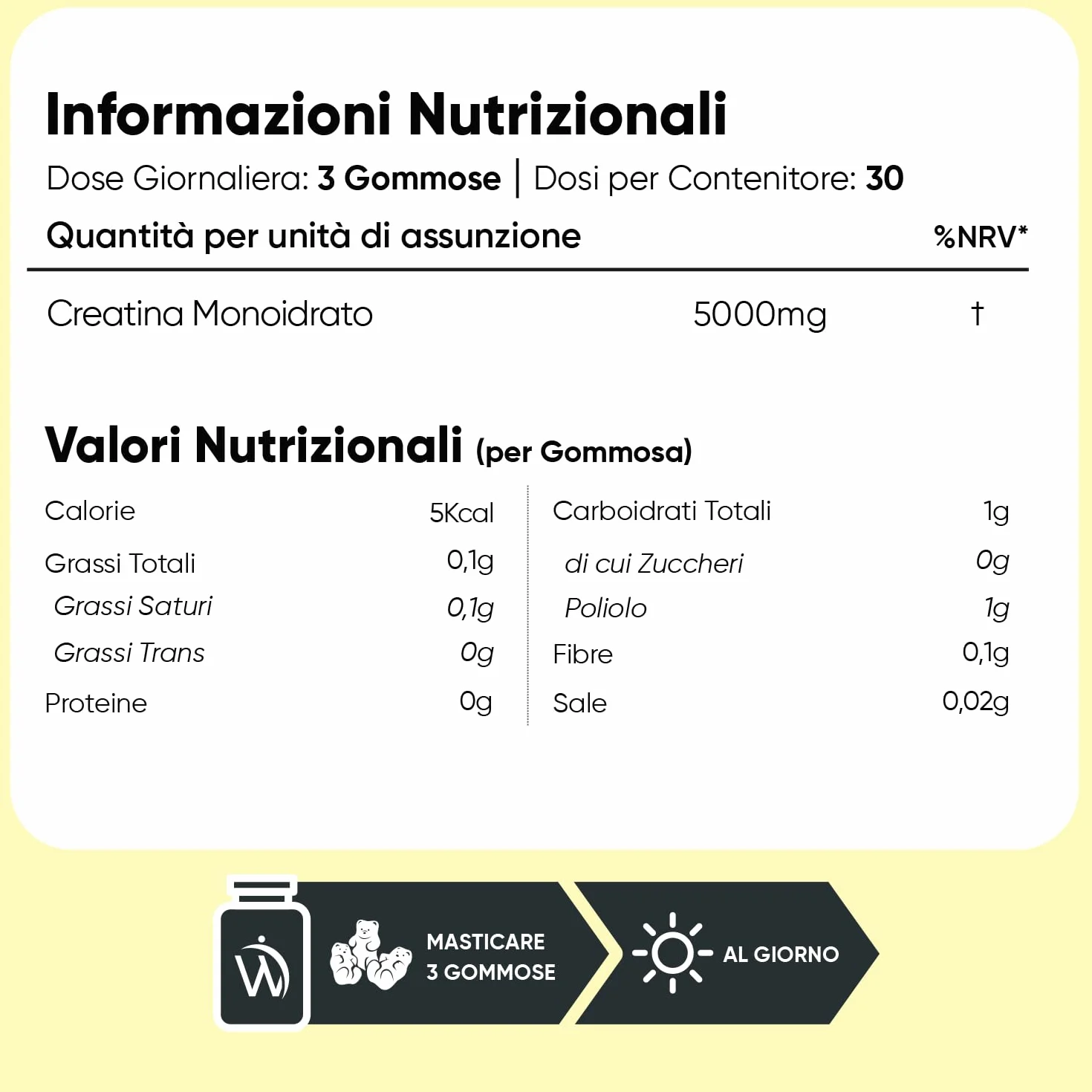 Creatina Monoidrato Gommose Vegane 5000mg per Dose Senza Zucchero Aroma Limone