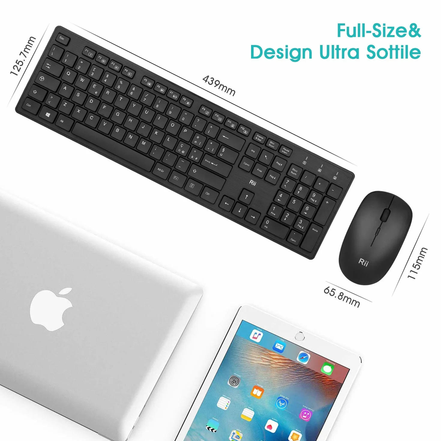 Rii RK200 Wireless - Set Tastiera e Mouse Senza Fili, Tastiera silenziosa con tastierino numerico, Mouse con sensibilità Regolabile, Design Elegante e Minimalista